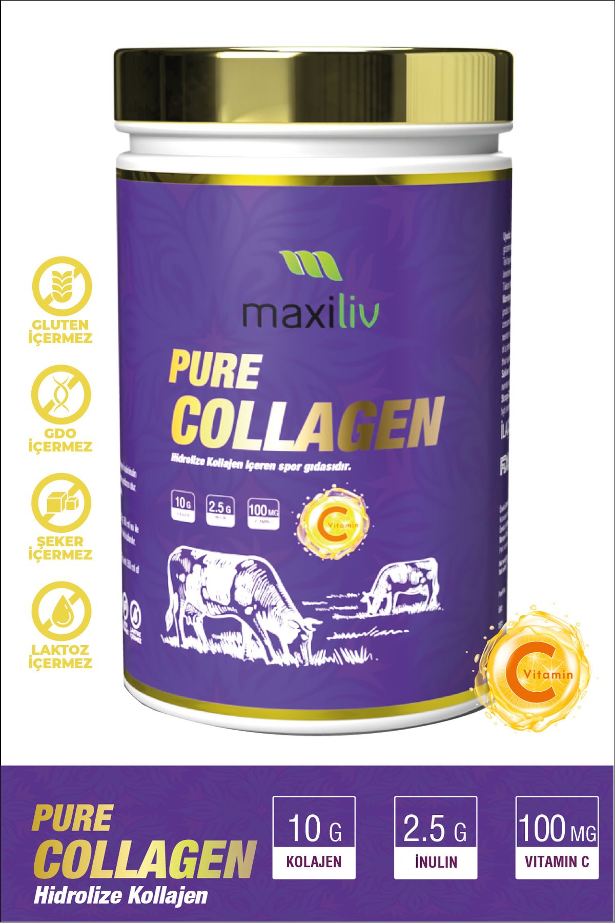 Maxiliv Pure Collagen - Hidrolize Kollajen, İnulin, Vitamin C İçeren Sporcu Gıdası -30 Servis 378gr