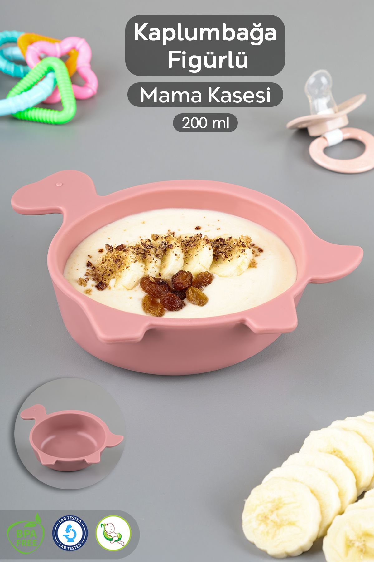 Meleni Baby Kaplumbağa Figürlü Silikon Bebek Mama Kasesi - Şekilli Bebek Beslenme Kasesi - Pembe