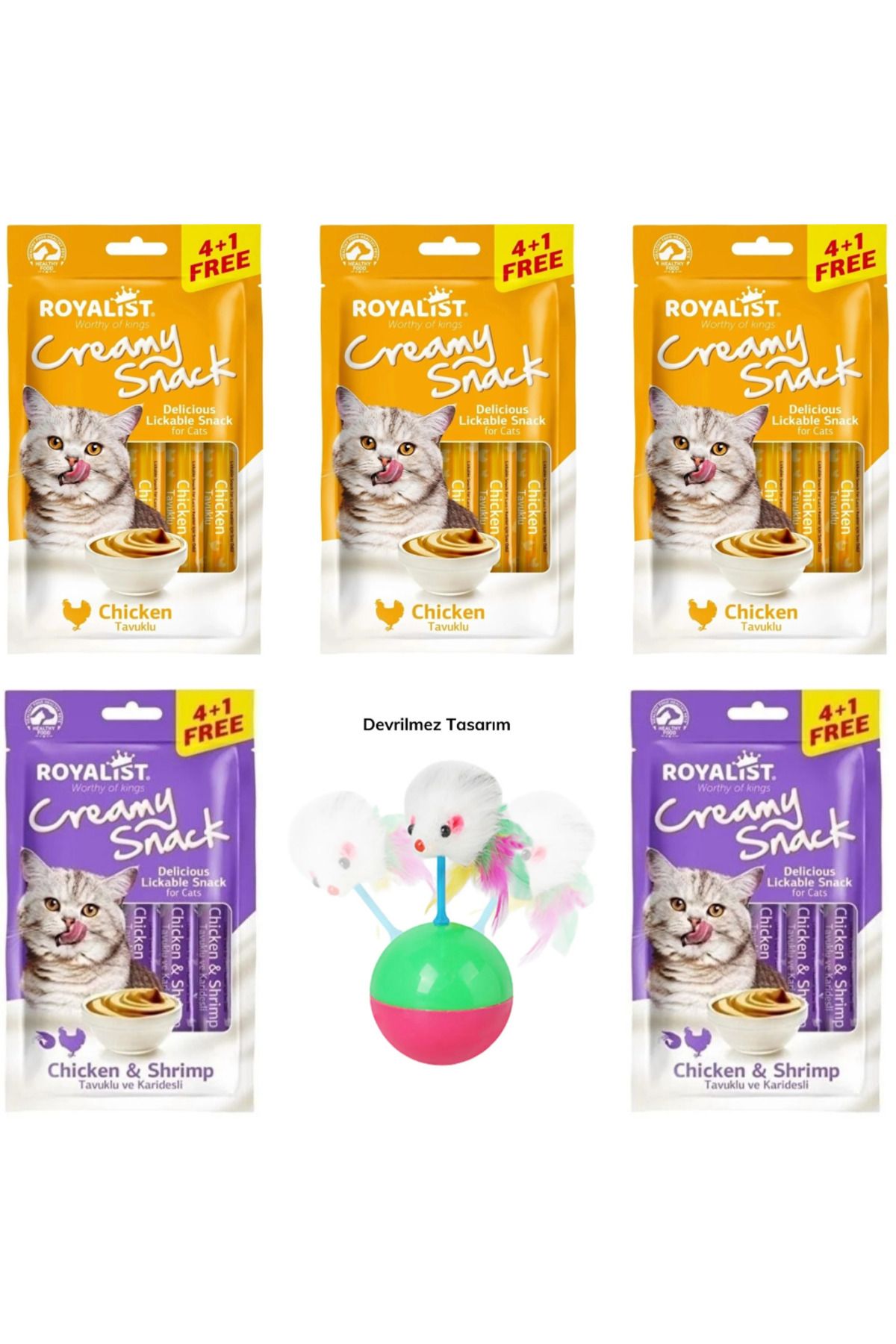 Royalist Creamy Snack 75 Gr Kedi Ödül Maması 5li Set ve 1 Adet Kedi OyunTopuTüylü Fareli Hacı Yatmaz