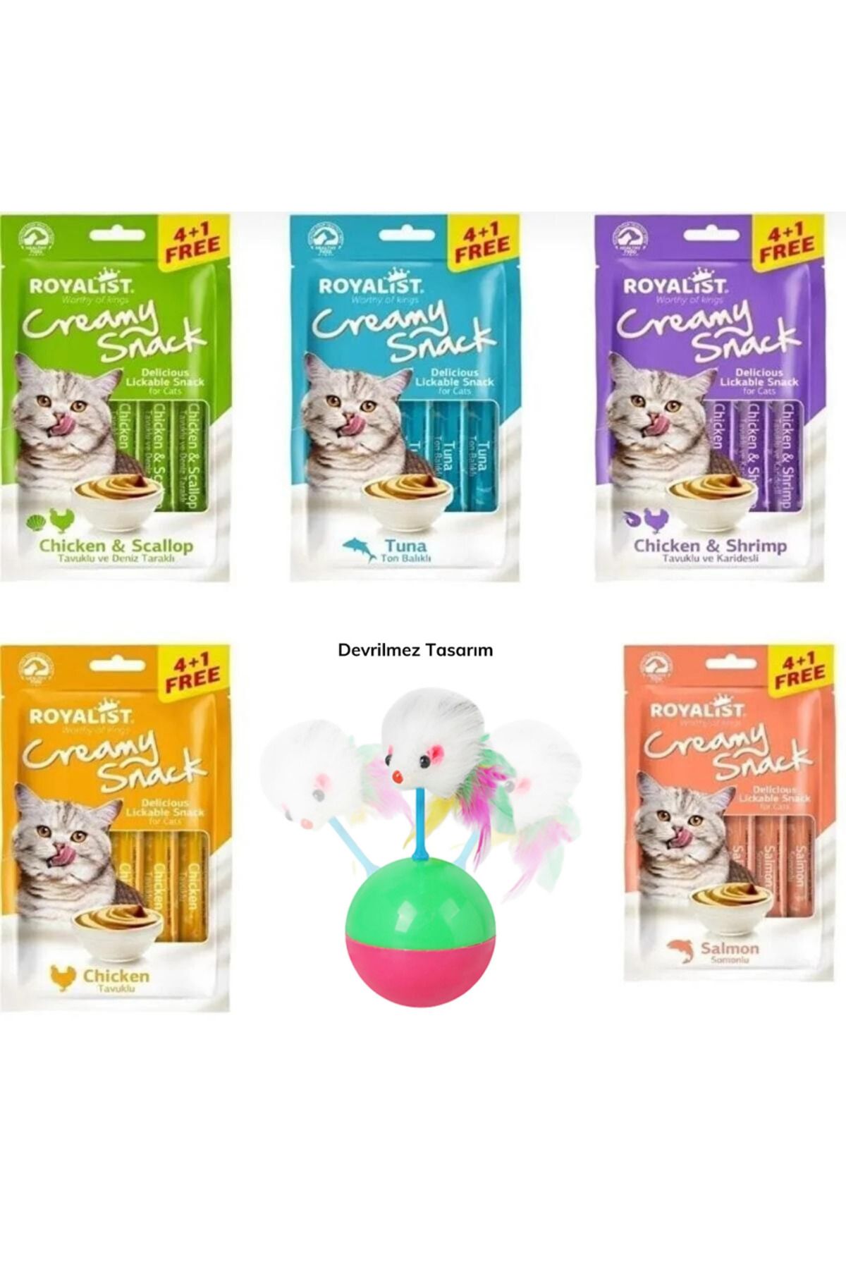 Royalist Creamy Snack 75 Gr Kedi Ödül Maması 5li Set Ve 1 Adet Kedi Oyun Topu Tüylü Fareli Hacı Yatmaz