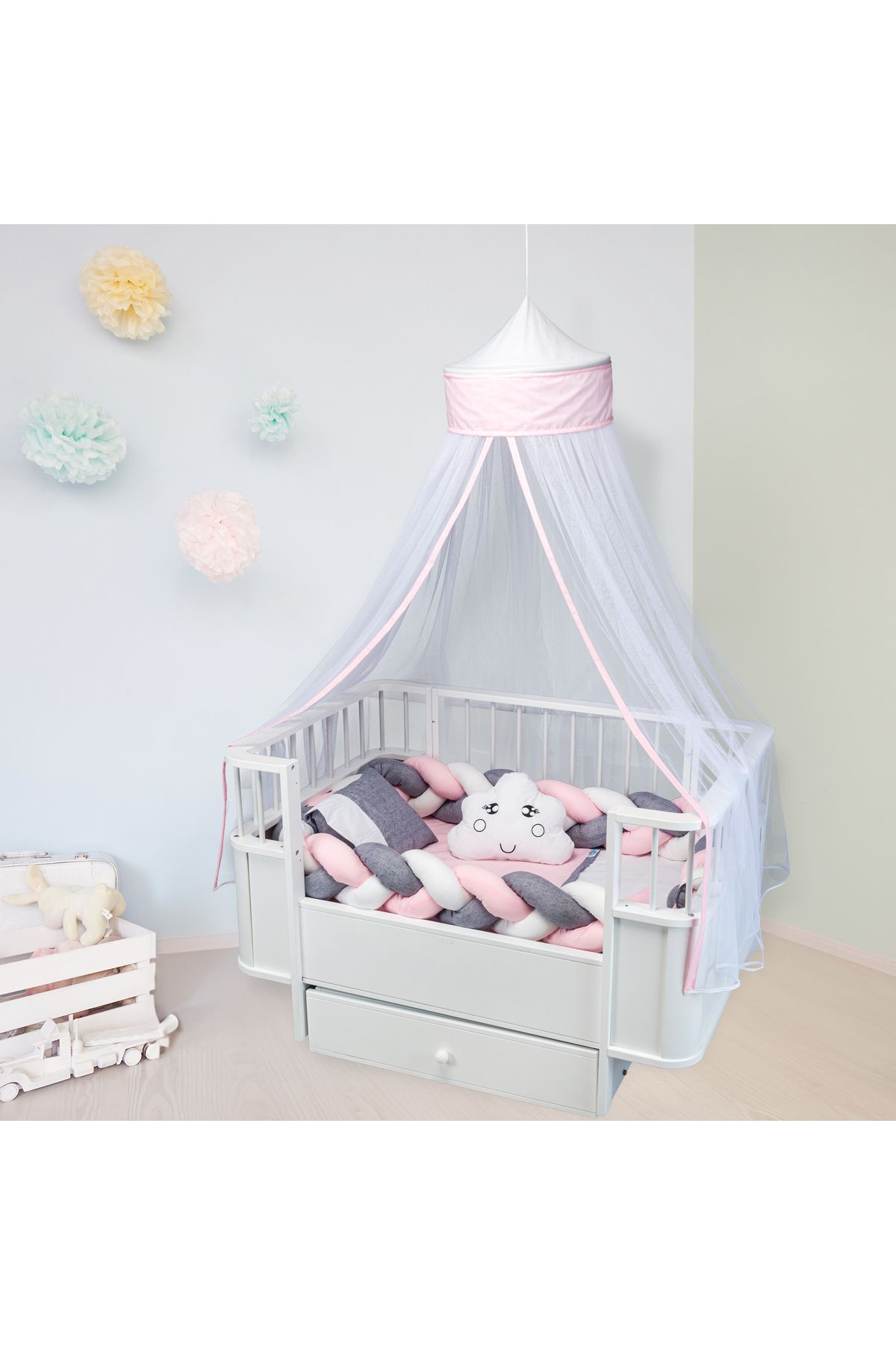 TUGU HOME&BABY ÖRGÜLÜ PAMUKLU 6 PARÇA 70x130 cm BEŞİK UYKU SETİ,BEBEK UYKU TAKIMI,ANNE YANI SET