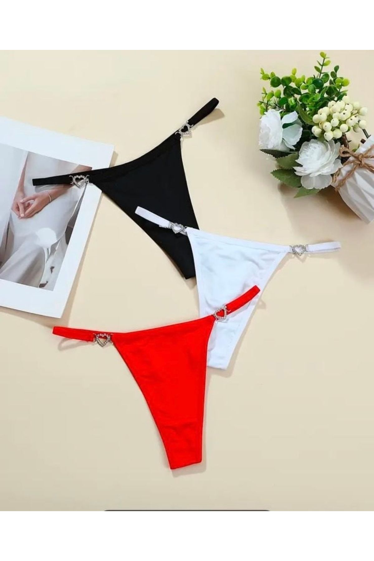 Kadın Taşlı Kalp Aksesuarlı Seksi String Külot - 3
