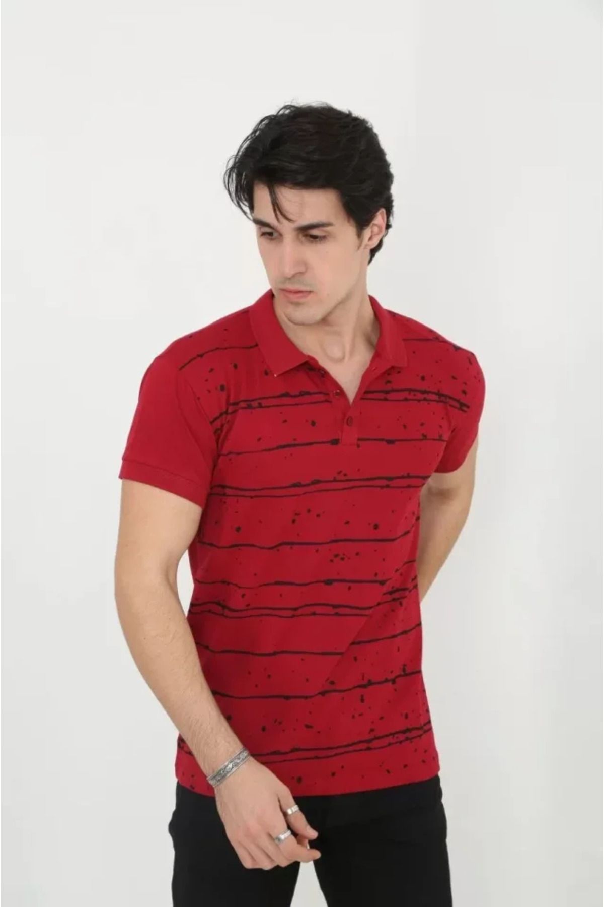 passense Erkek Yakalı Slim Fit Pike Çizgili T-Shirt - Kırmızı