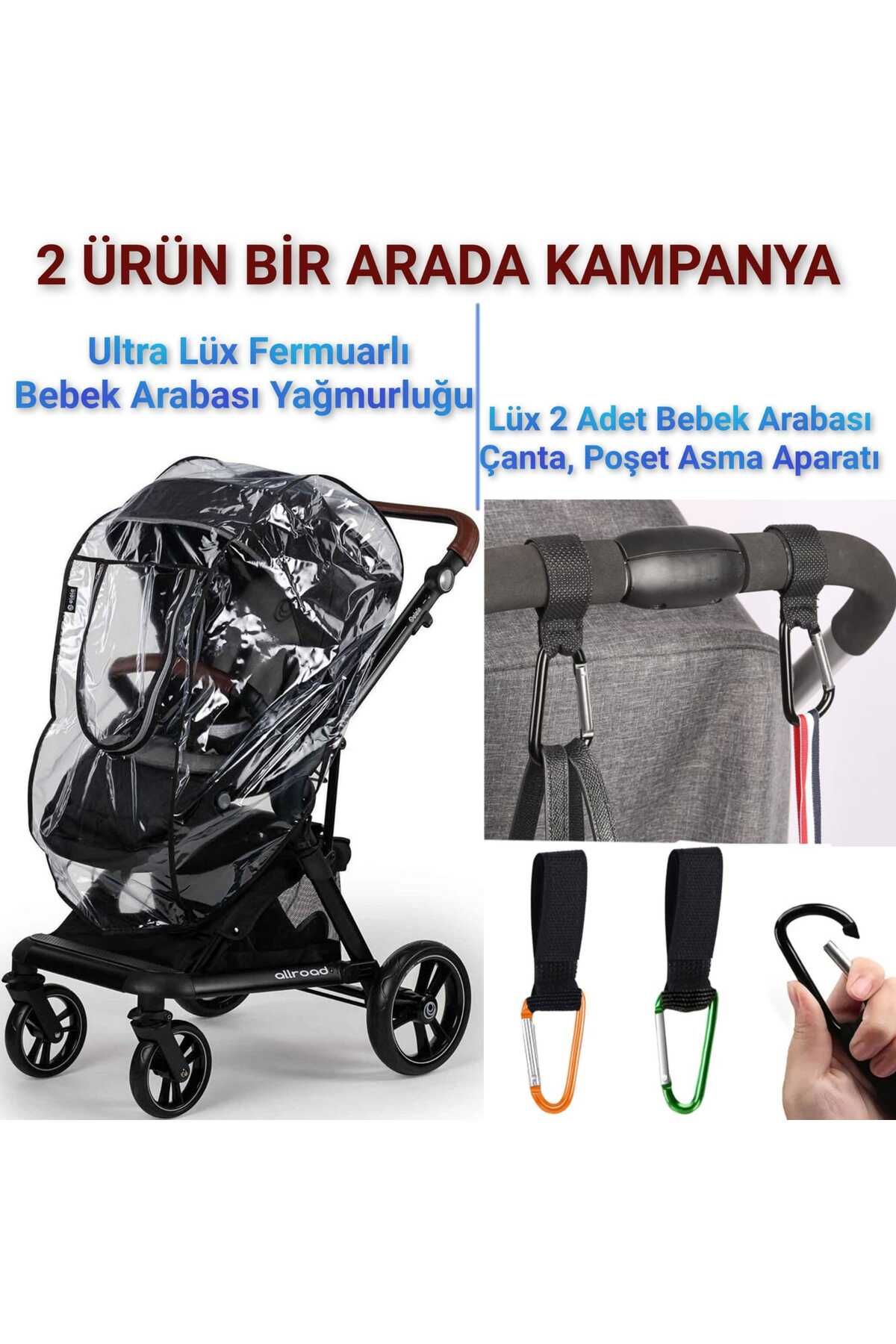 MorBebe Lüks Lastikli Fermuarlı Bebek Arabası Yağmurluğu I Puset Kancası I Bebek ArabasıÇanta Askısı 2 Adet