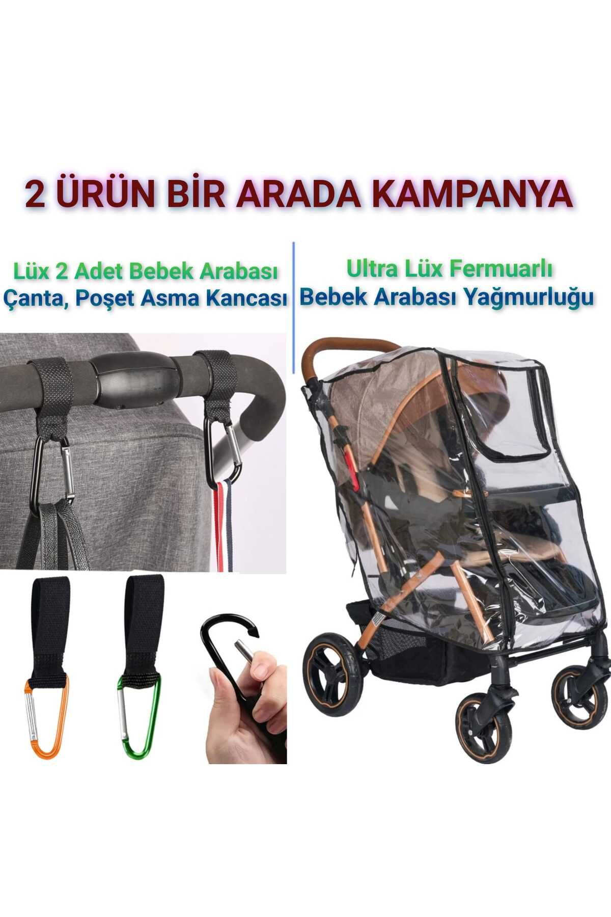 MorBebe Lüks Çift Fermuarlı Bebek Arabası Yağmurluğu I Puset Kancası I Bebek ArabasıÇanta Askısı 2 Adet