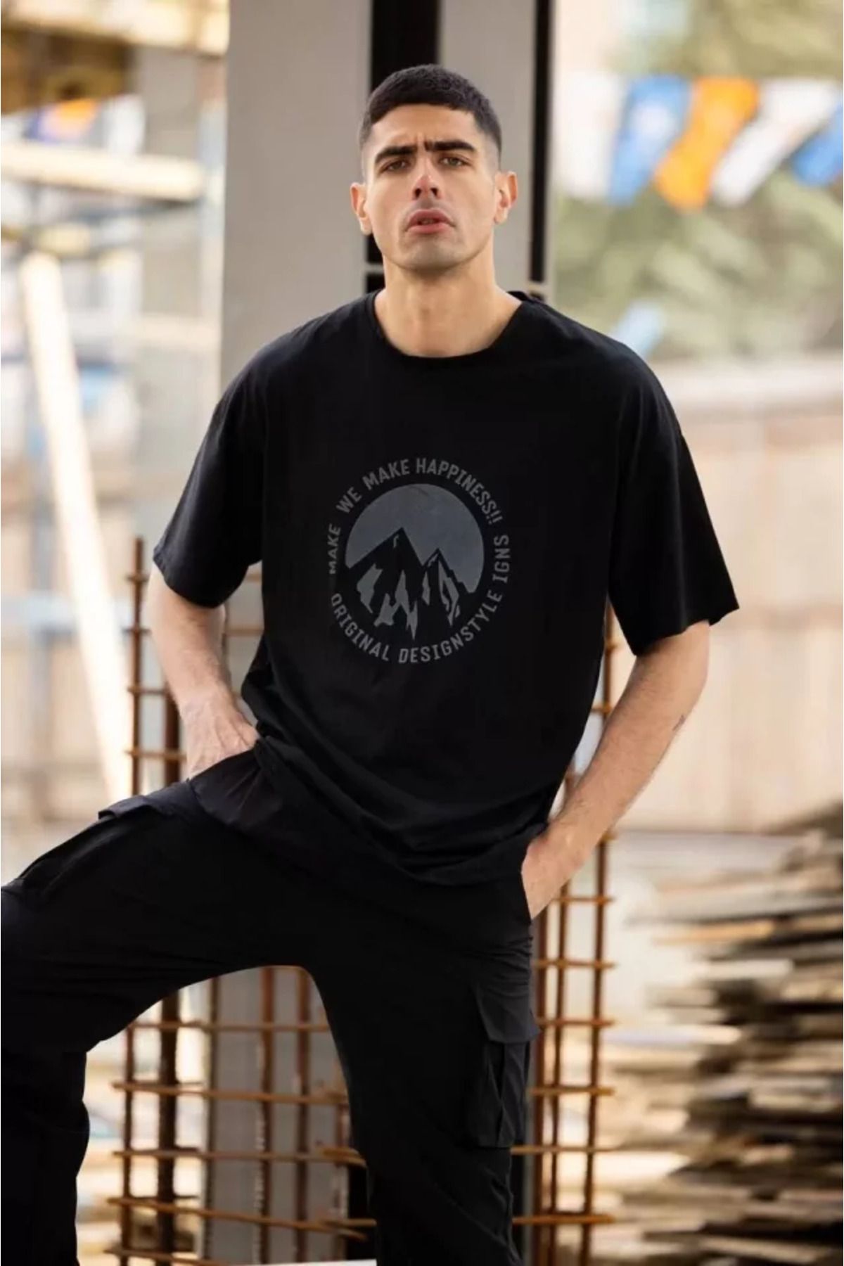 Asap Unisex Bisiklet Yaka Baskılı Oversize T-Shirt - Siyah