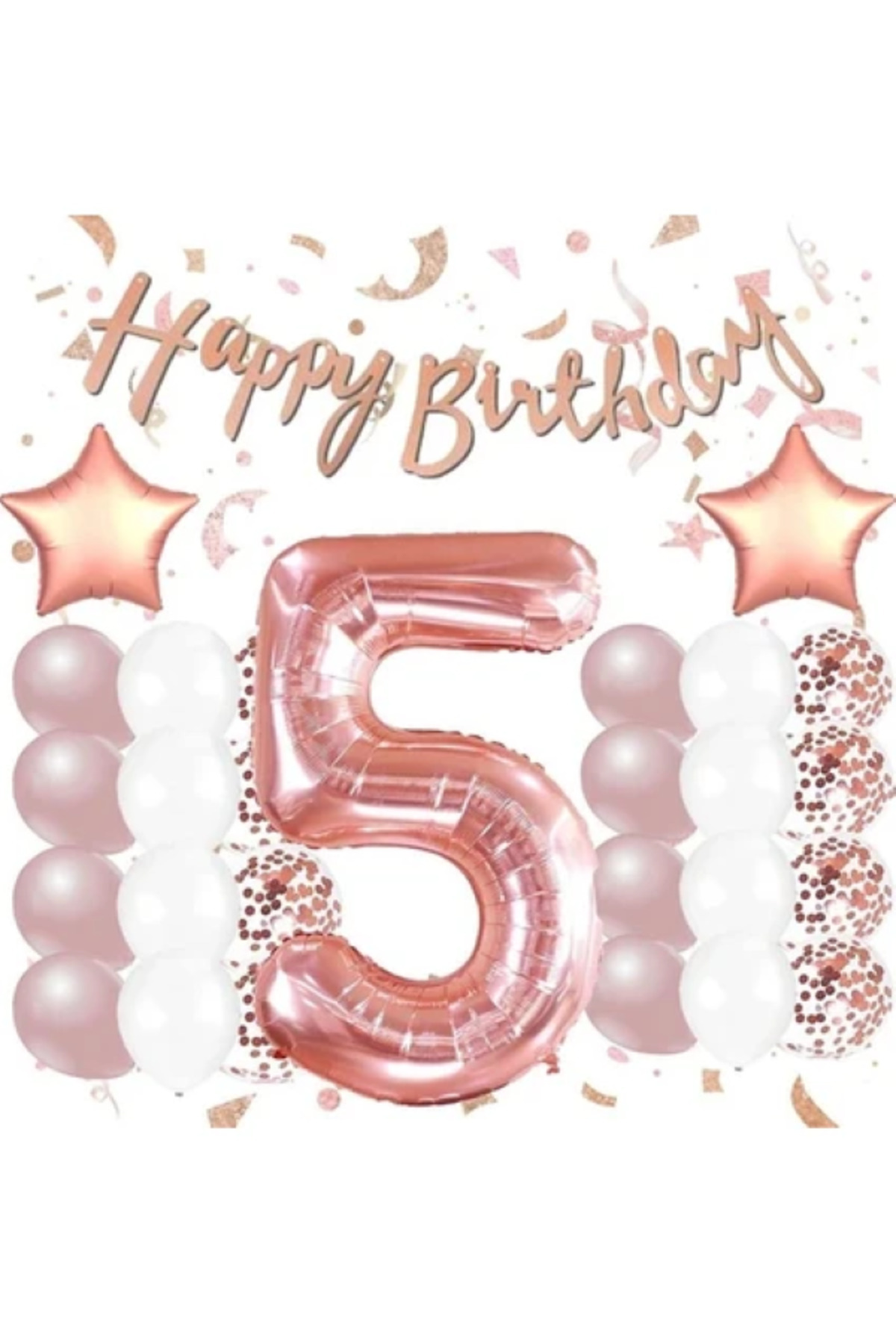 BALON DİYARI Rose Gold 5 Yaş Doğum Günü Kutlama Seti; Beyaz Gold Konfetili Balon, Rakam Yıldız Folyo Ve Banner