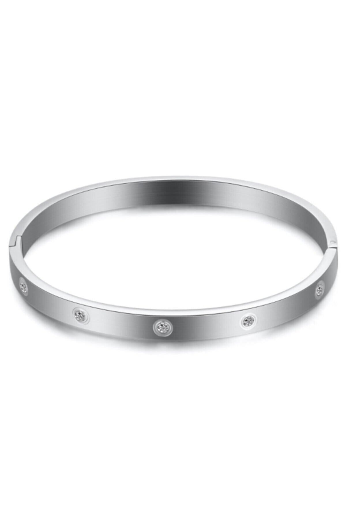 JEWELRY Kadın Gümüş Renkli Zirkon Taşlı Paslanmaz Çelik Bileklik 18 cm