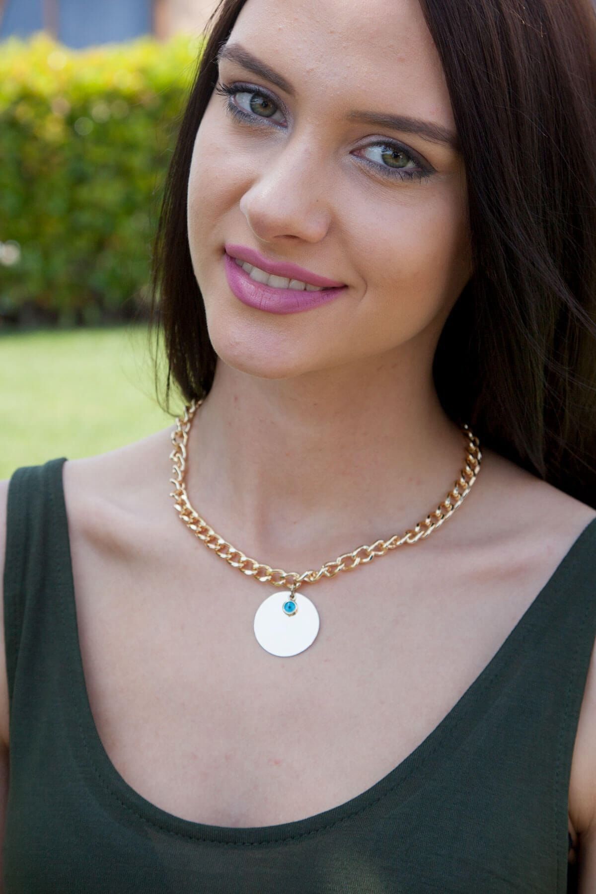 JEWELRY Kadın Altın Kaplama Para Detaylı Nazarlı Zincir Kolye Uk9804