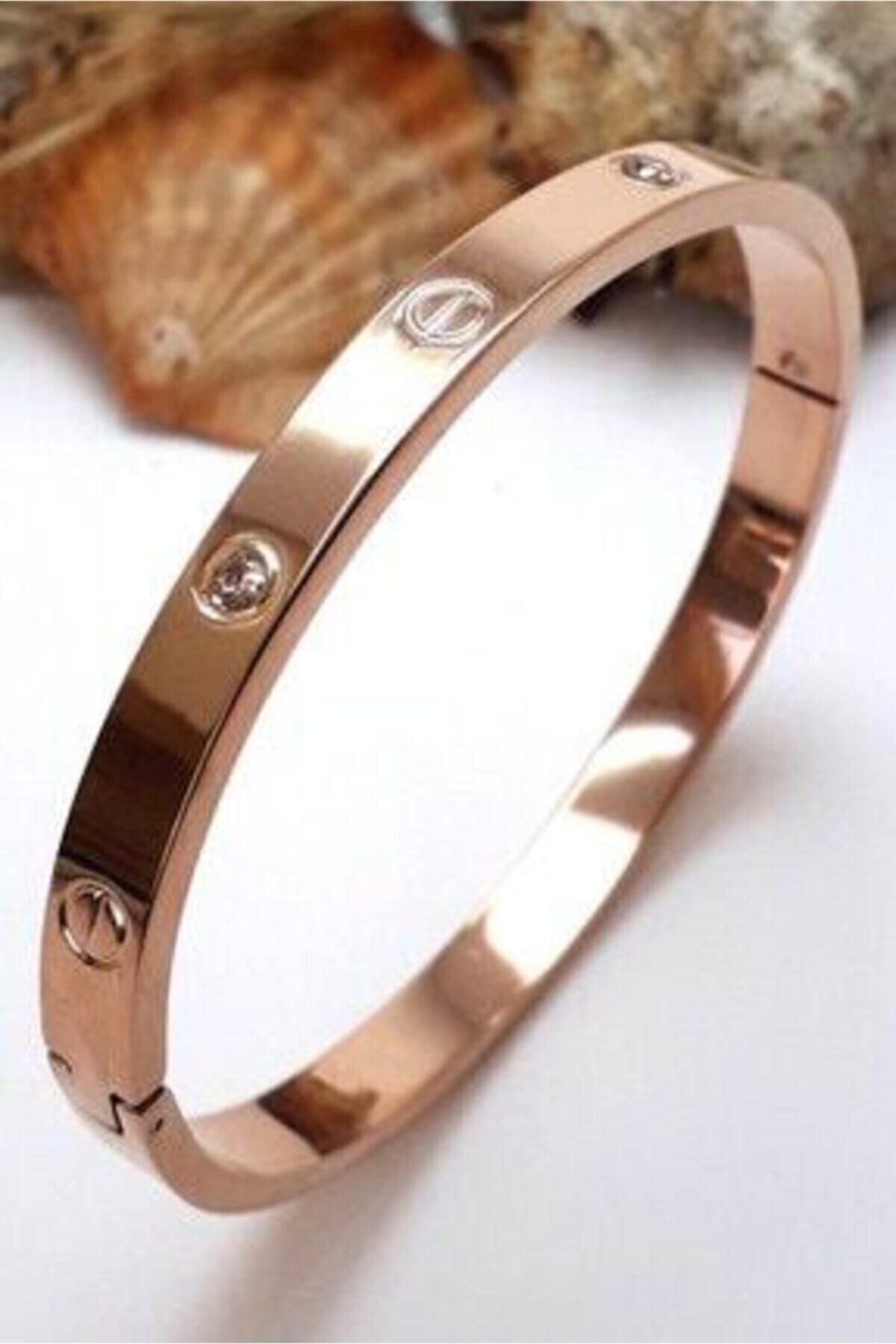 JEWELRY Kadın Pembe Altın Kalın Model Taşlı Çelik Bileklik