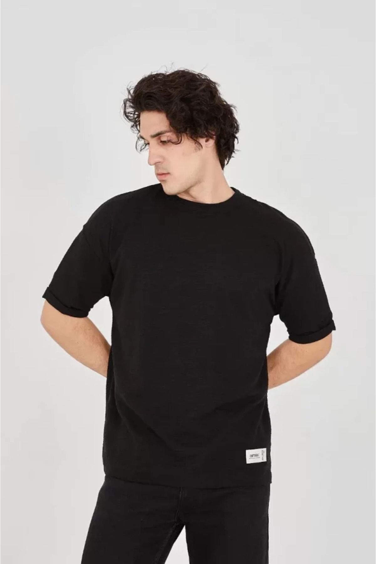 MRA Fashion Unisex Jakar Kumaş Rahat Kol T-Shirt - Siyah