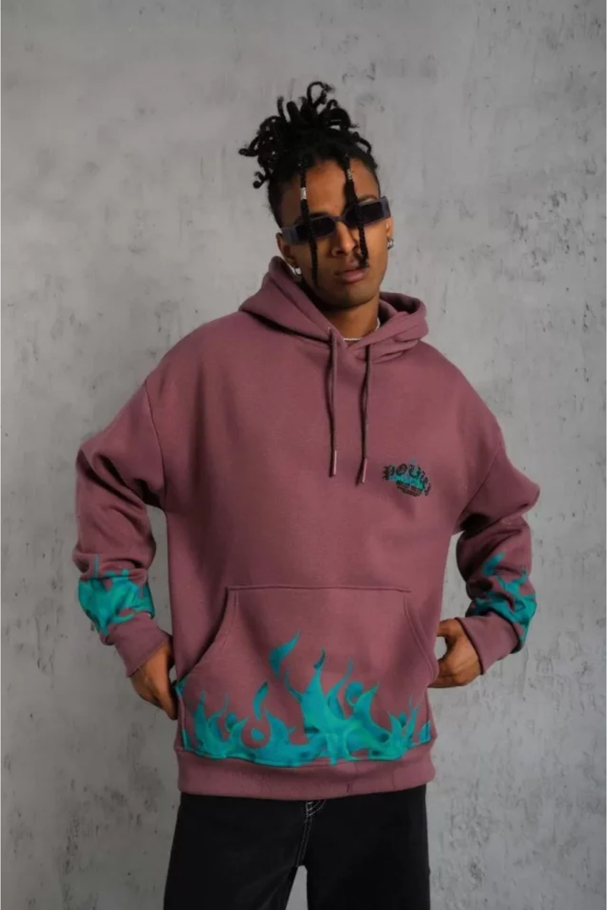 Erkek Üç Iplik Içi Pamuklu Alev Baskılı Kapüşonlu Sweatshirt - Gül Kurusu