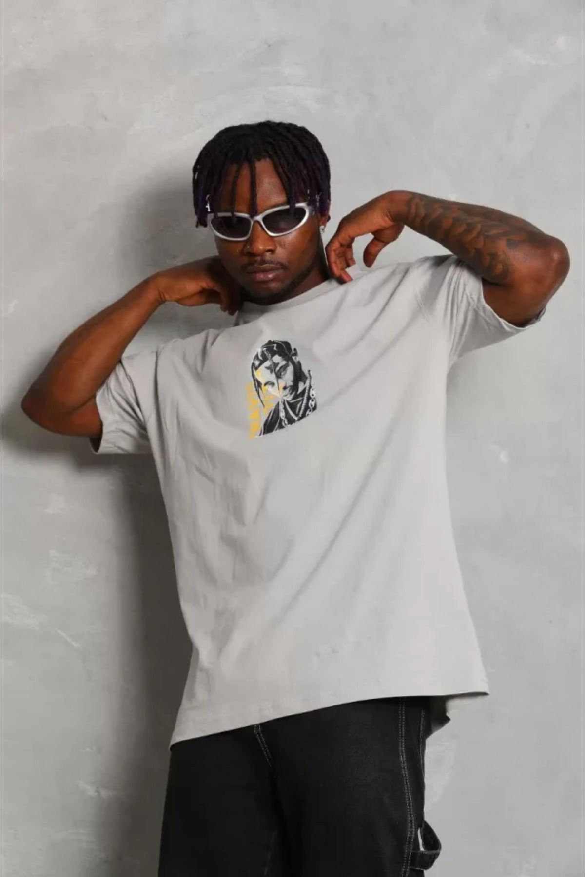 MRA Fashion Unisex Oversize Baskılı Bisiklet Yaka T-Shirt - Gri