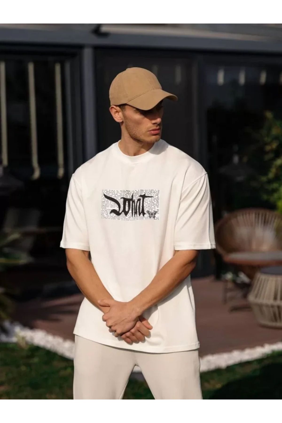 vivenza Unisex Bisiklet Yaka Baskılı Oversize T-Shirt - Beyaz