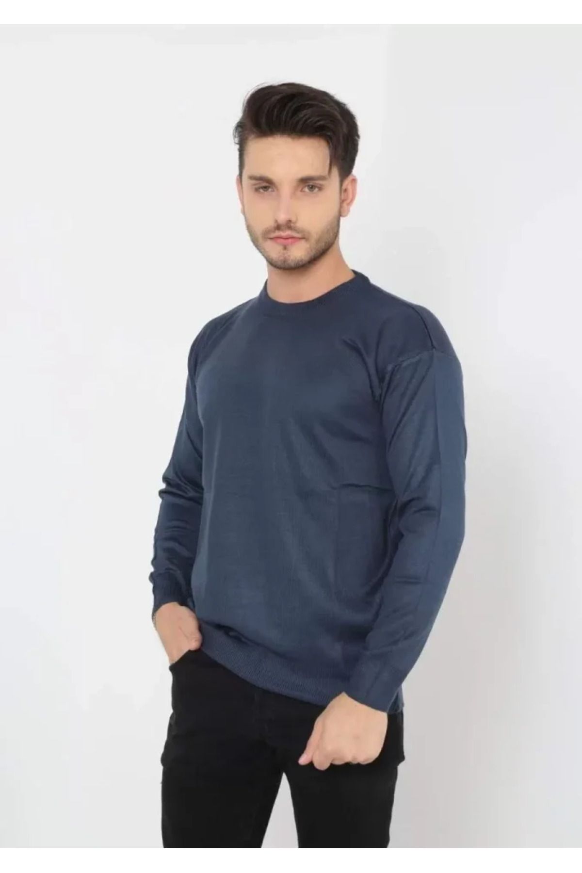 MHT STORE-Unisex Indigo Knitwear - Long Sleeve, Crew Neck Woven 3