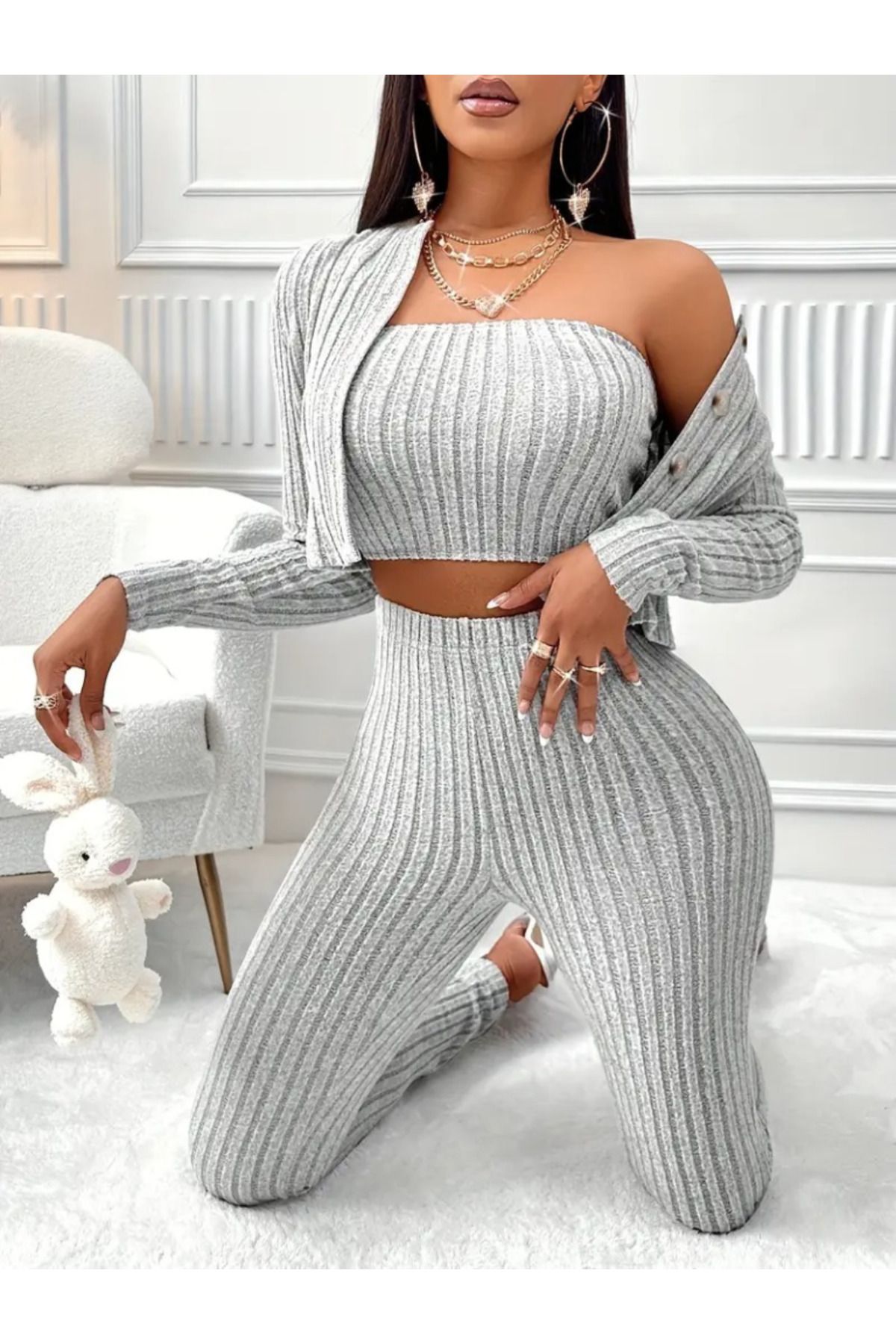 JANES-Long Sleeve Strapless Camisole Blouse - Women's Set with Button down Jacket and Leggings Pants 1