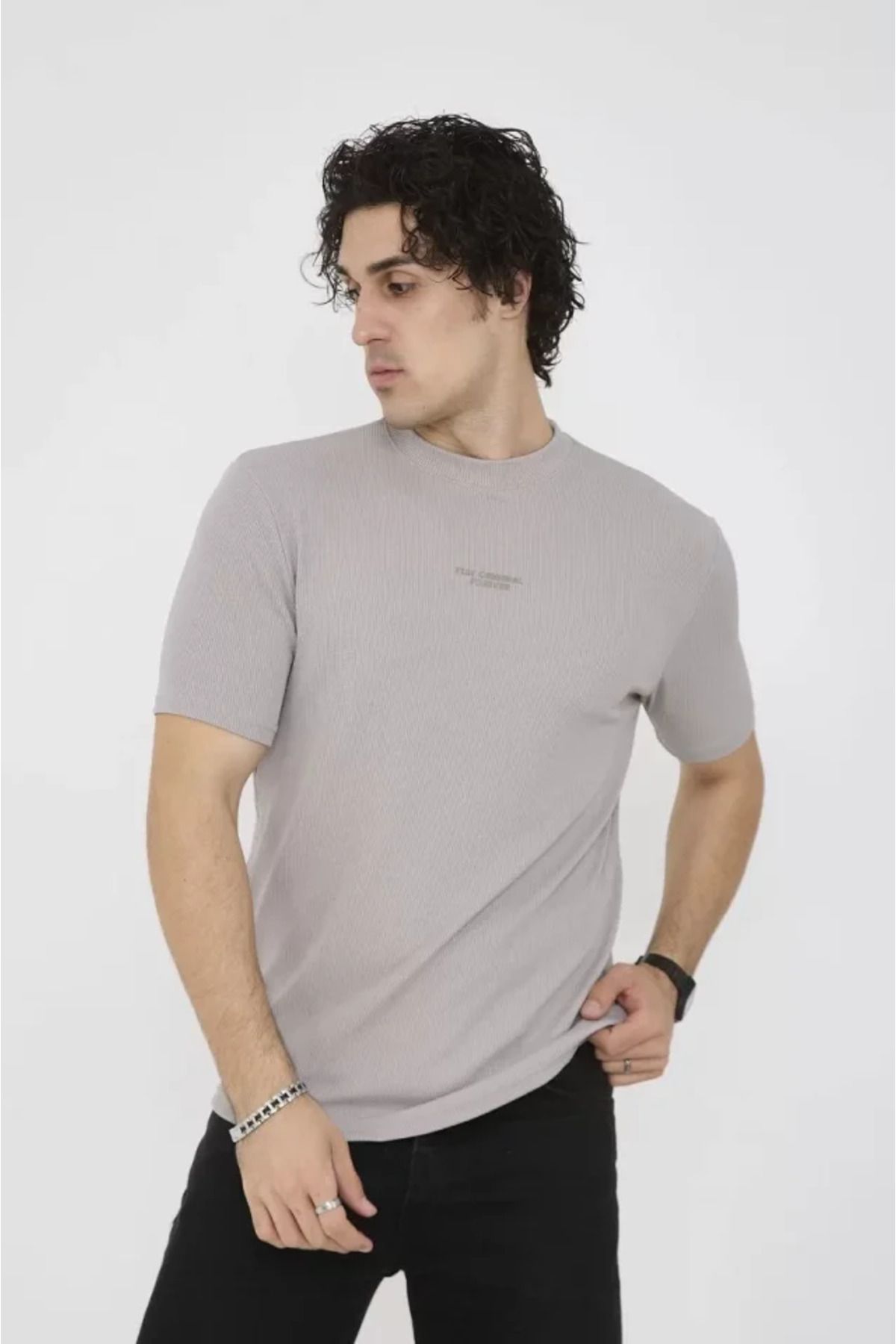 Perfica PERFİCA Unisex Bisiklet Yaka Slim Fit T-Shirt- Boyalı Gri