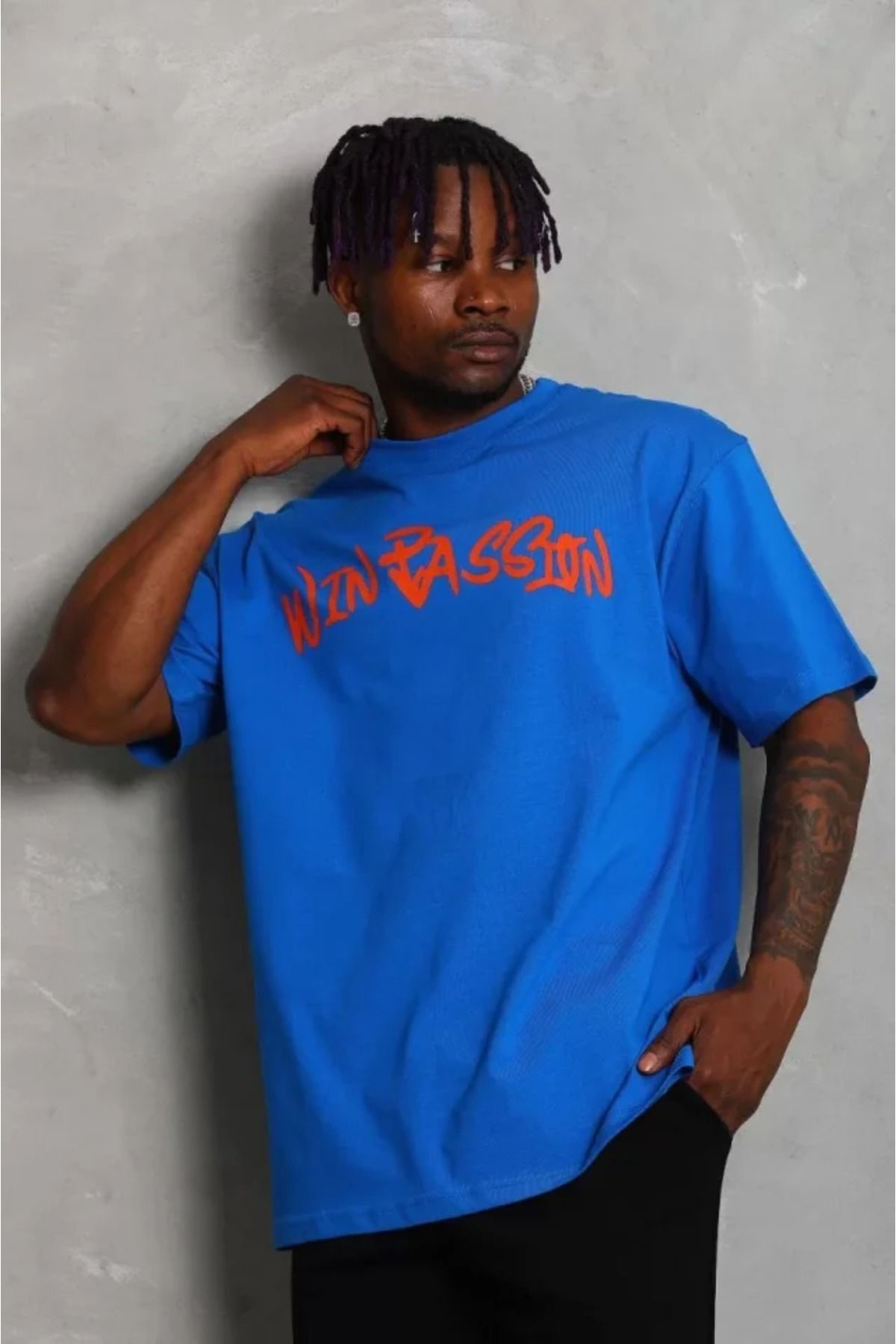 Asap Unisex Oversize Baskılı Bisiklet Yaka T-Shirt - Mavi