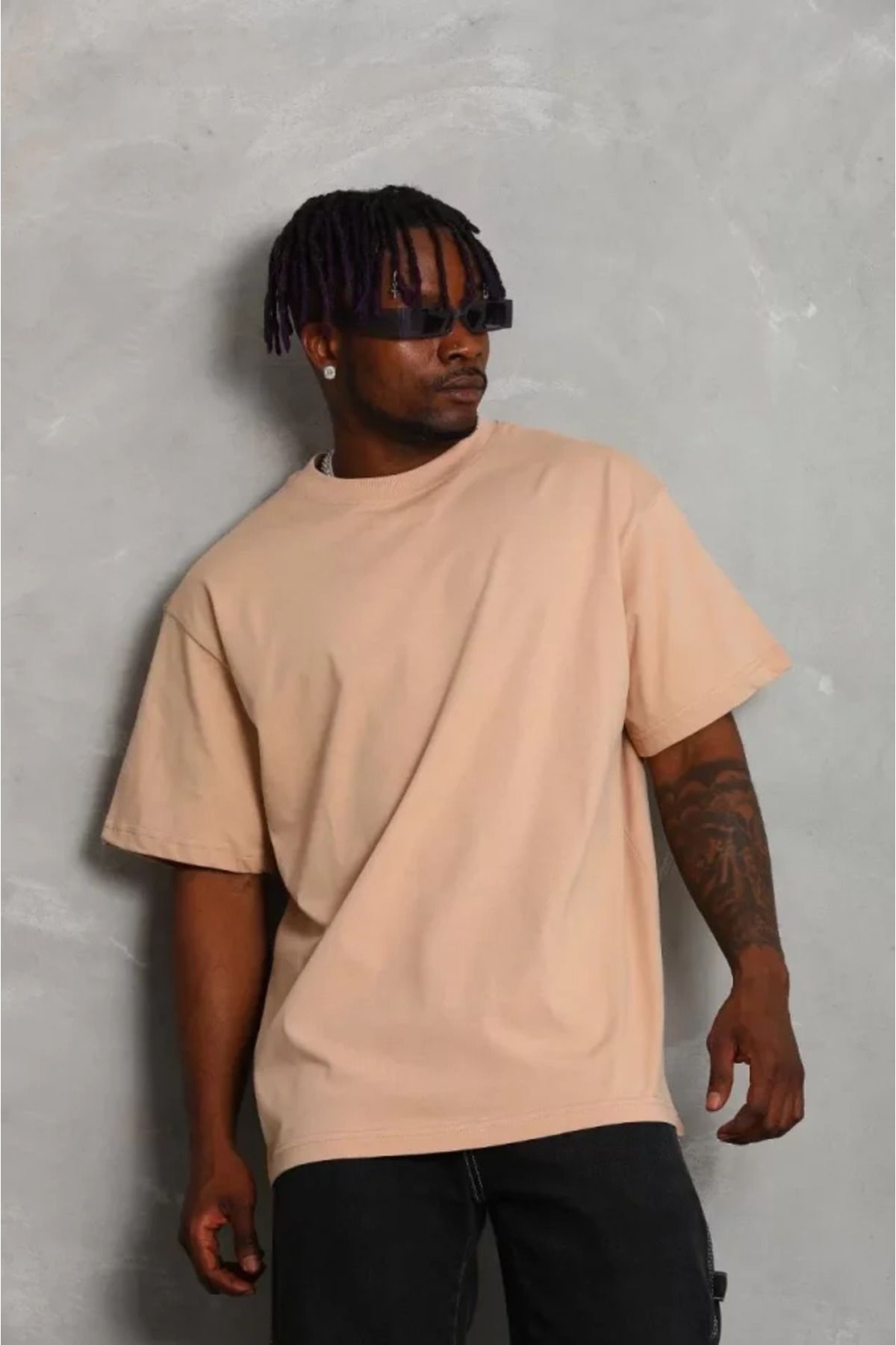 JANES-Beige Unisex Oversize Crew Neck T-Shirt 4