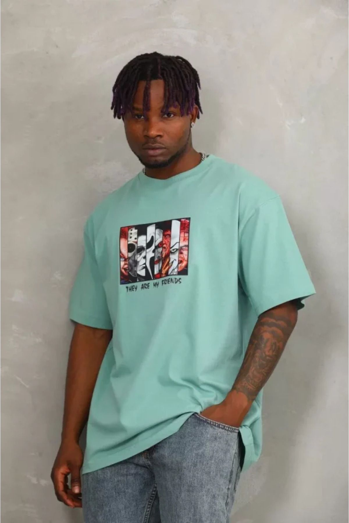 Asap Unisex Oversize Baskılı Bisiklet Yaka T-Shirt - Mint Yeşili