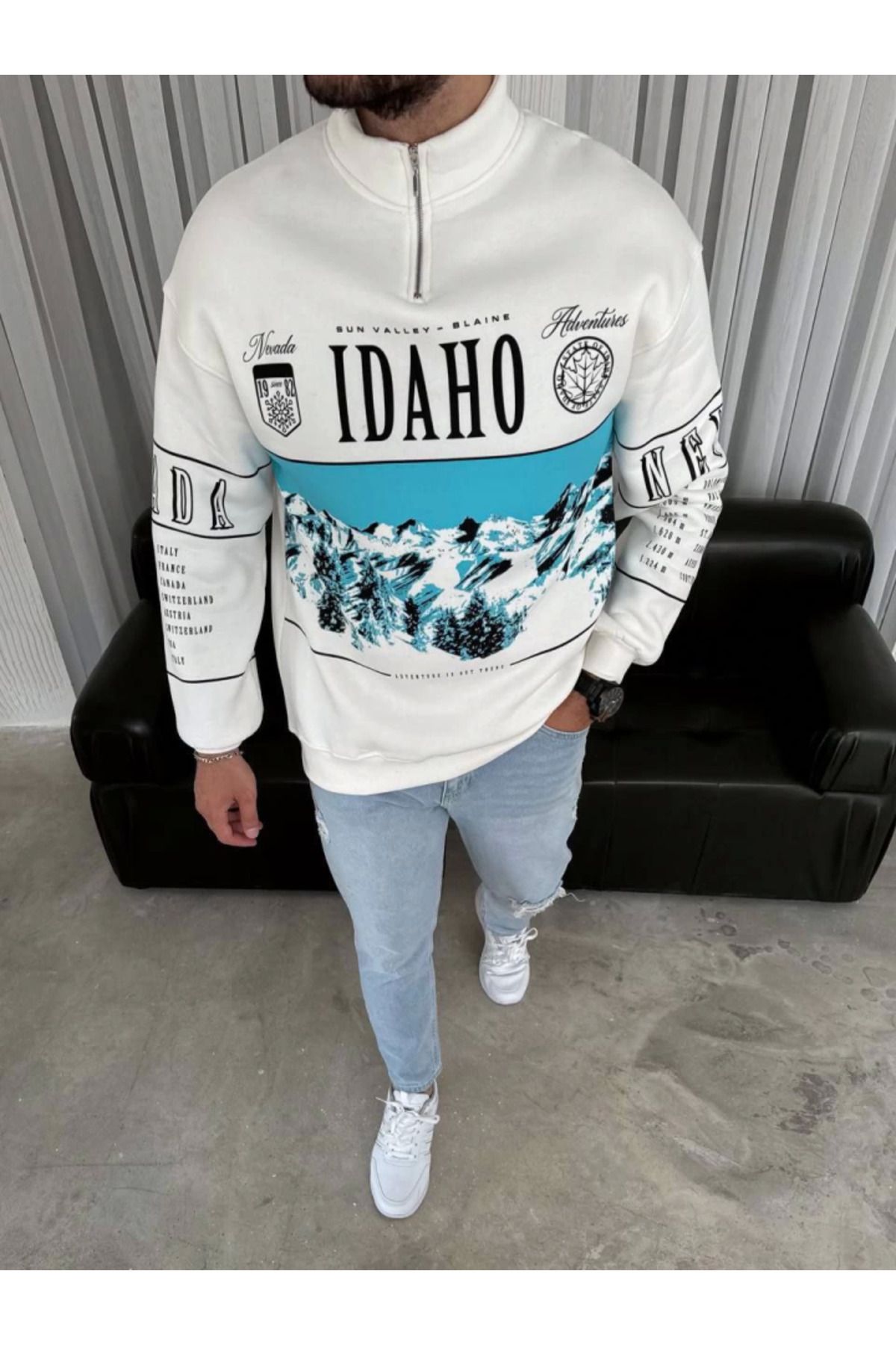 AG SHOPPİNGS Erkek Yarım Fermuarlı Oversize Baskılı SweatShirt - Beyaz