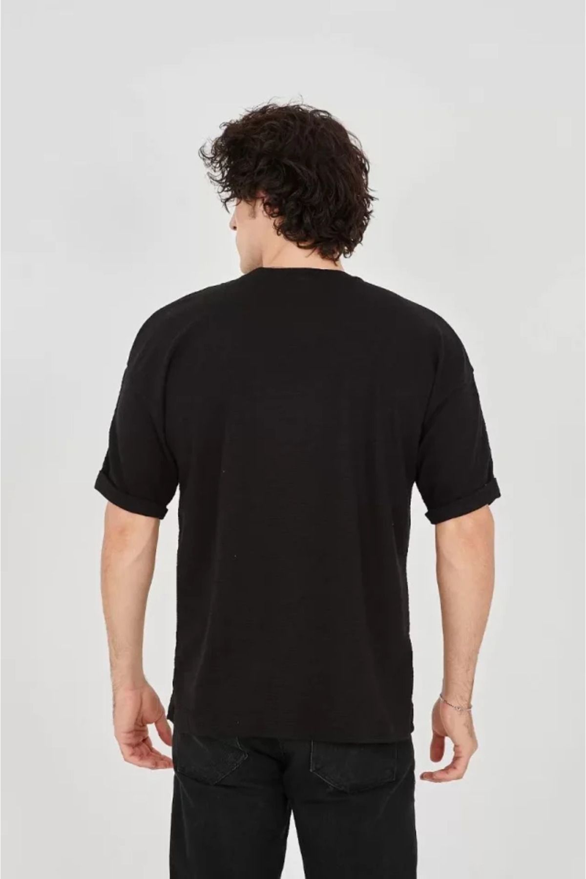 munn collection Unisex Jakar Kumaş Rahat Kol T-Shirt - Siyah
