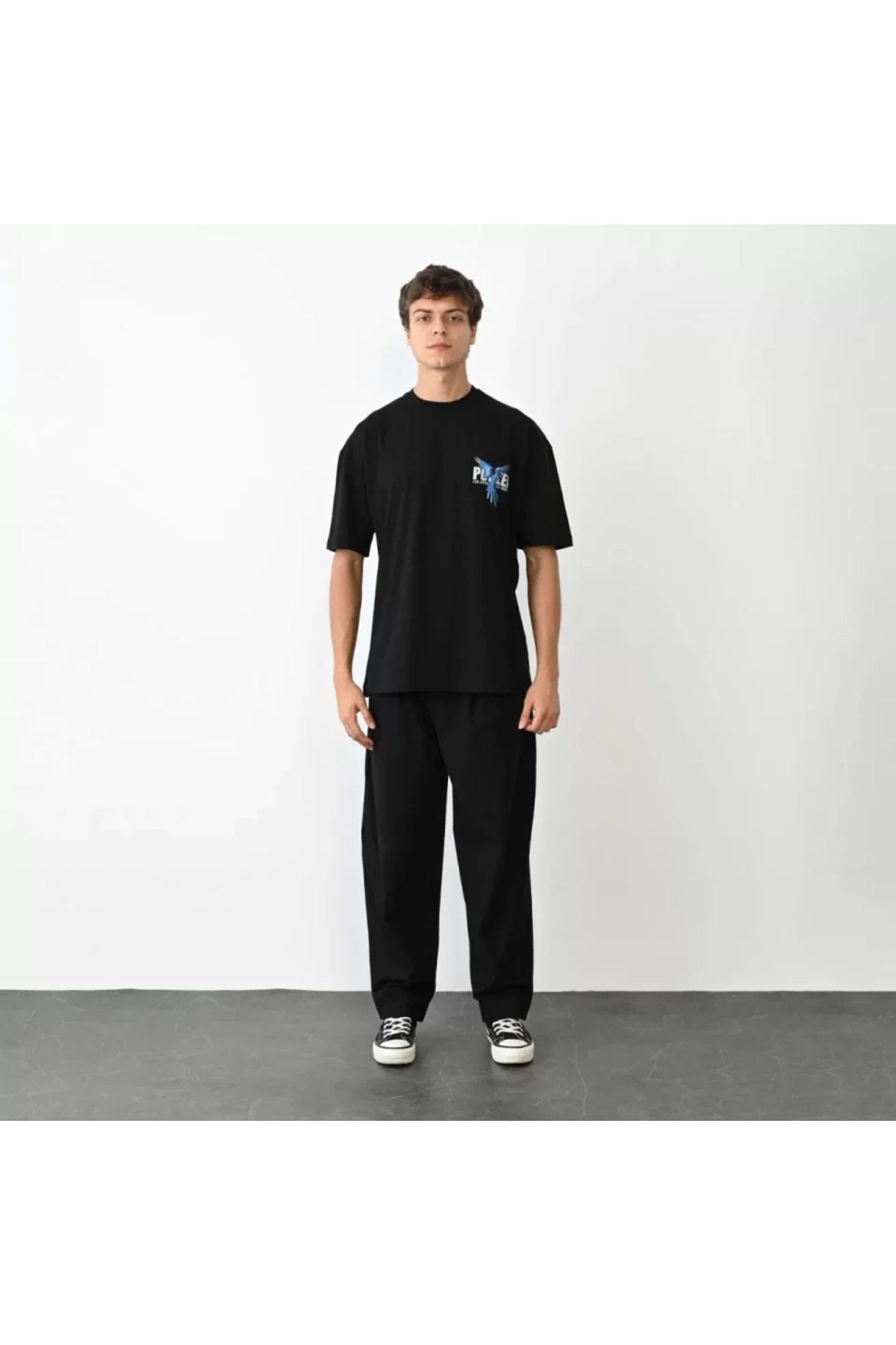 munn collection Unisex Bisiklet Yaka Baskılı Oversize T-Shirt - Siyah
