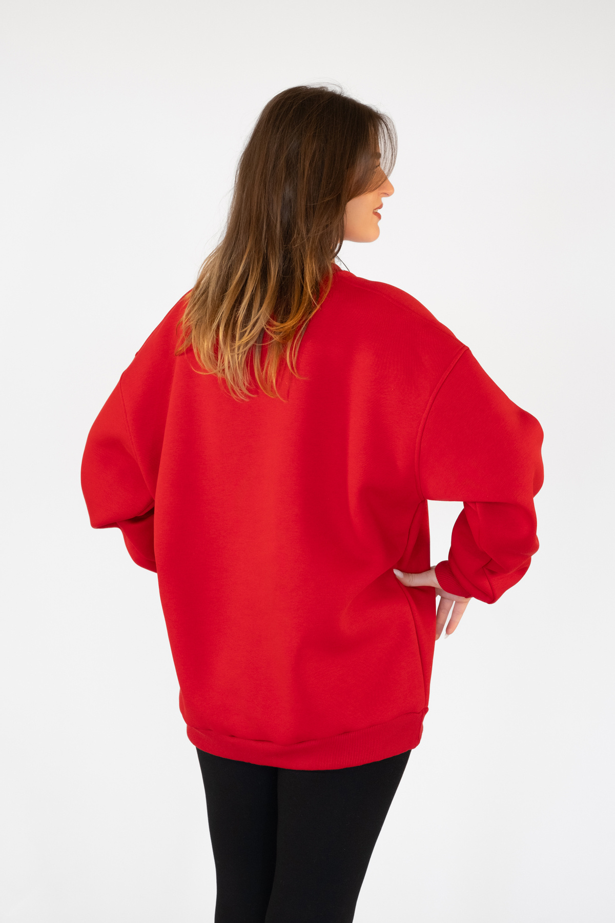 TEVOOY Unisex Oversize Kapşonsuz Sweatshirt, 3 İplik Şardonlu ve İçi Tüylü Rahat Tasarım KIRMIZI görsel 5