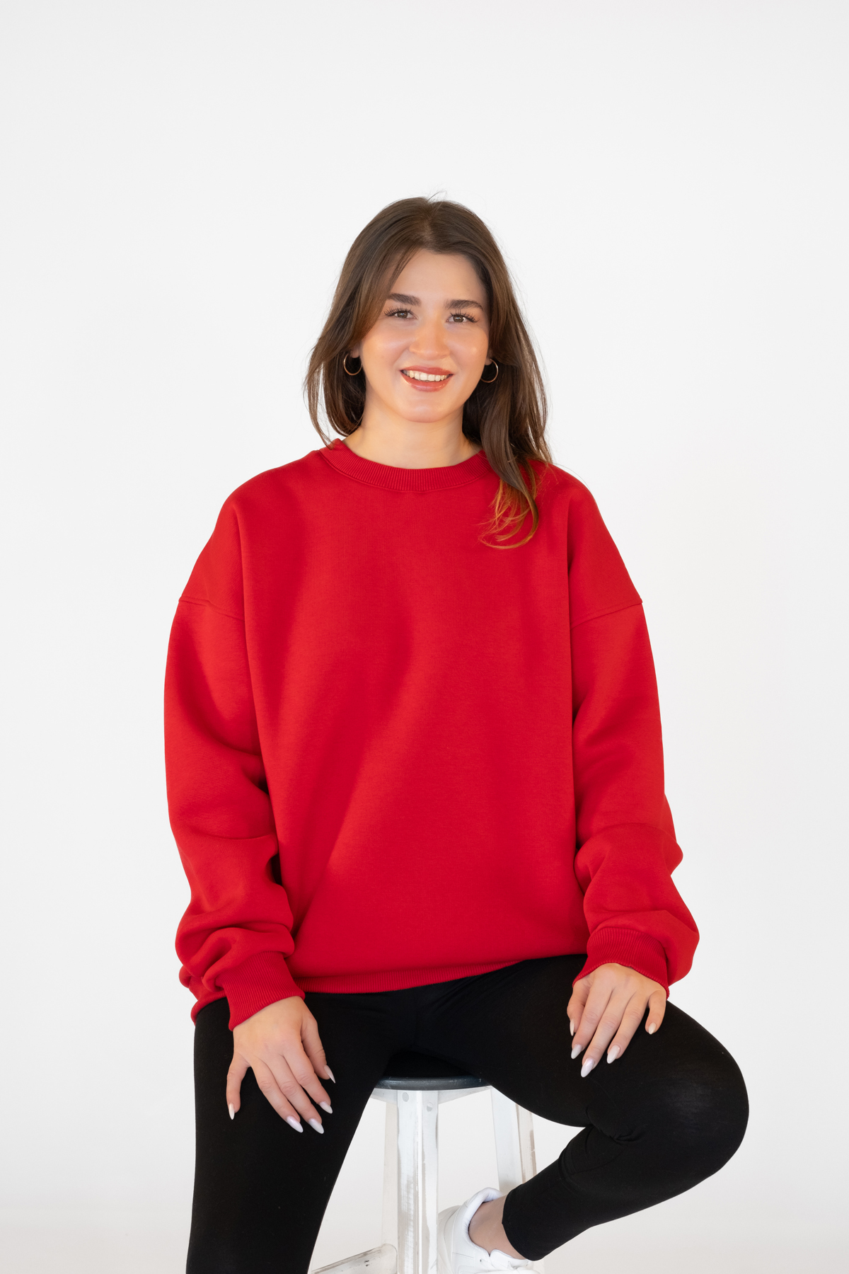 TEVOOY Unisex Oversize Kapşonsuz Sweatshirt, 3 İplik Şardonlu ve İçi Tüylü Rahat Tasarım KIRMIZI görsel 2