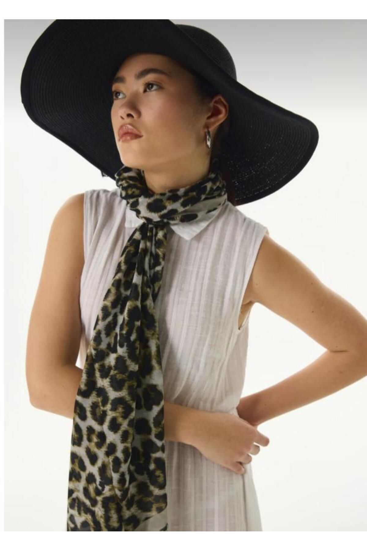 Starpink-Brown Colored Leopard Patterned Cotton Shawl - Stripe Detailed, Scarf Starnk87 2