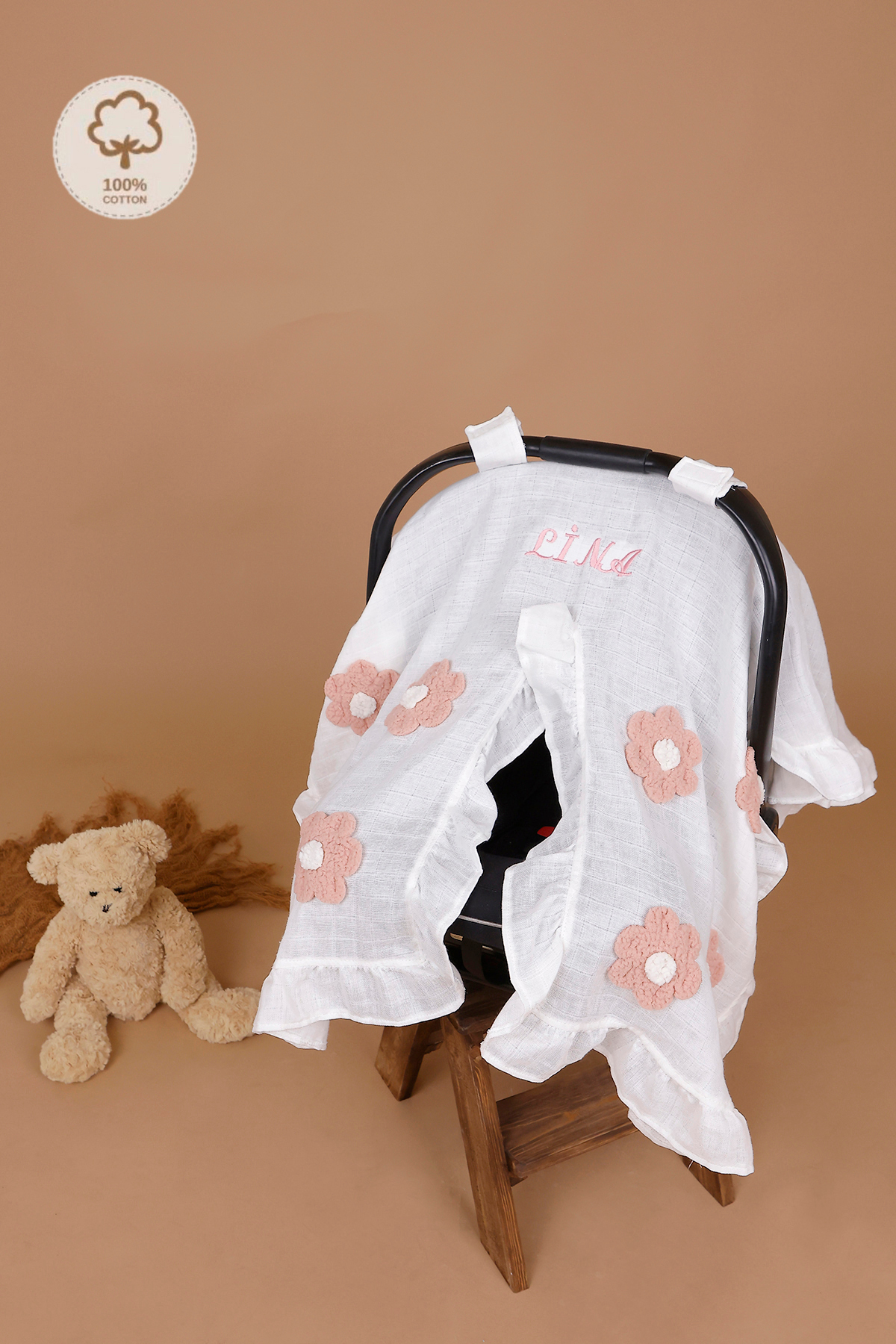 JUNİPERUS Kişiye Özel Nakışlı Fırfırlı Müslin Puset Örtüsü İsime Özel Anakucağı Örtüsü Oeko-Tex Sertifikalı fotoğrafı 6 (önizleme)