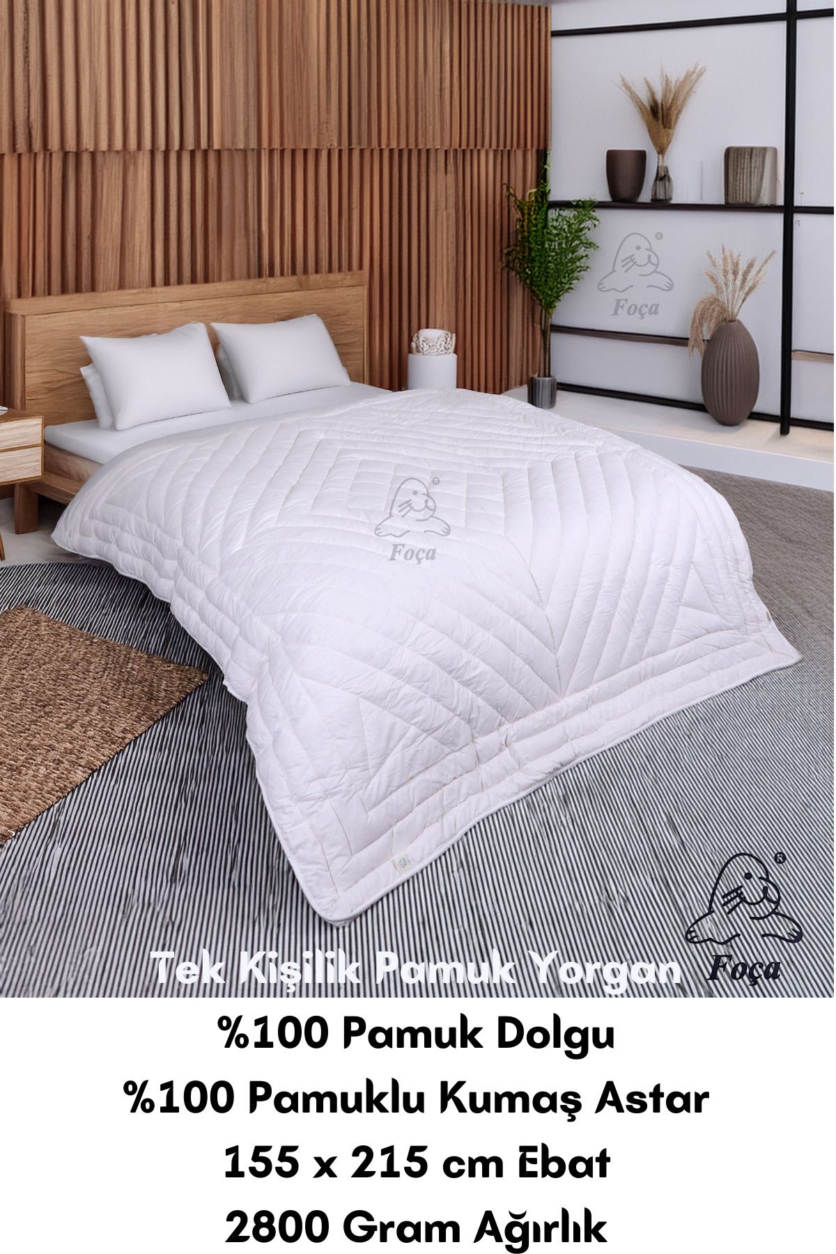 Foçatex %100 Doğal Pamuklu Beyaz Renkli Tek Kişilik Yıkanabilir Pamuk Yorgan 155 X 215 Ebat 2800 gram