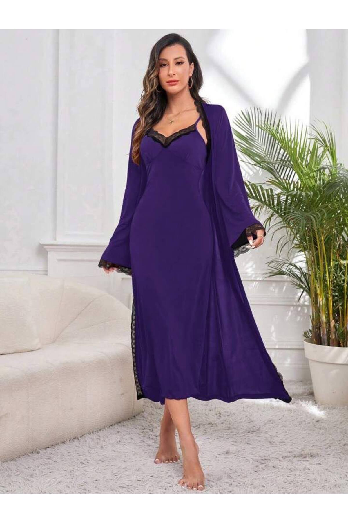 MEYLİYA KADIN UZUN  BOY GECELİK 2 Lİ SABAHLIK  TAKIM HÜRREM  MOR