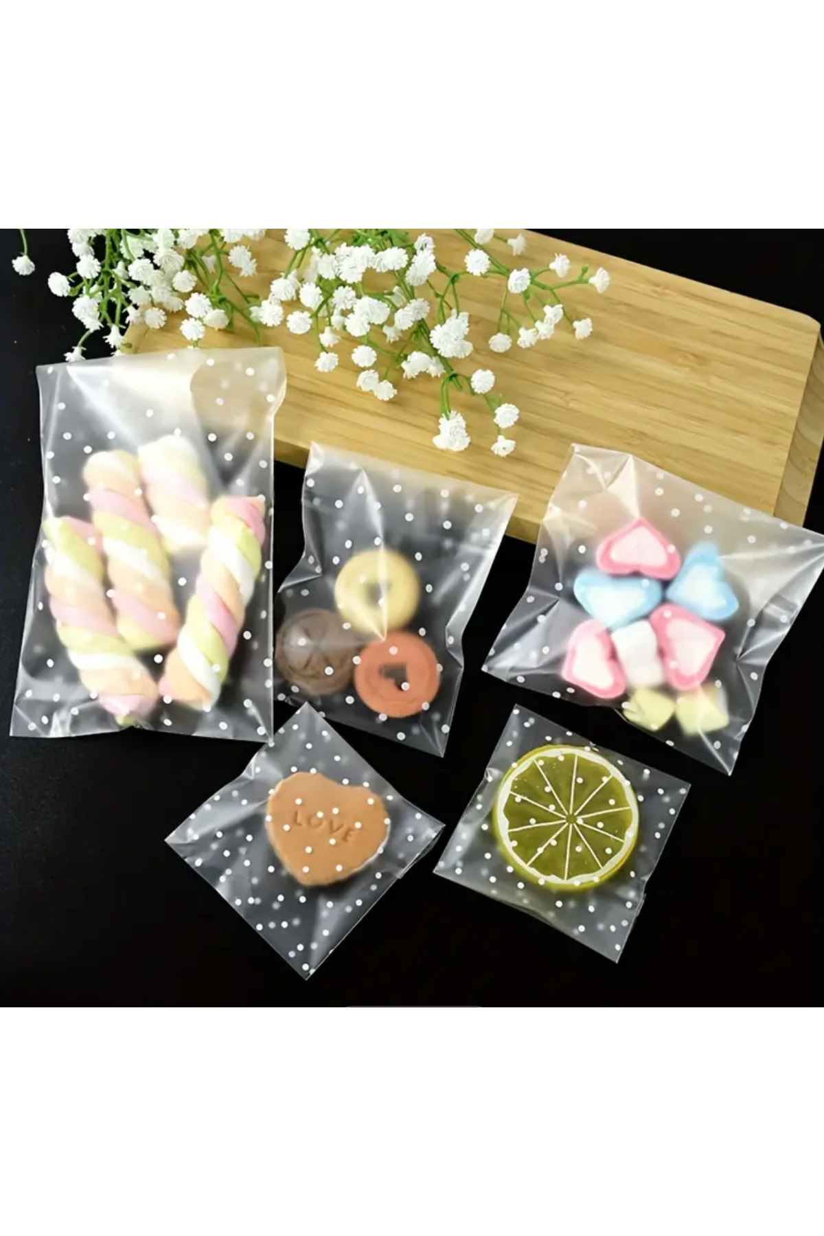 ÇET PACK 50 ADET BEYAZ NOKTALI YAPIŞKANLI ŞEFFAF POŞET NİKAH,NİŞAN DOĞUM GÜNÜ,HEDİYE BUJİTERİ JELATİN 10X7