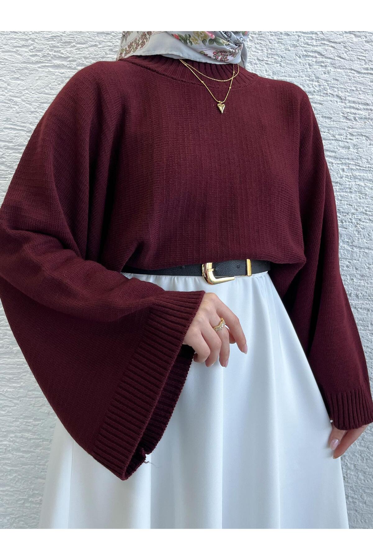 MELEK ARAZ  Kadın Bordo Yarasa Kol Kazak - Görsel 7