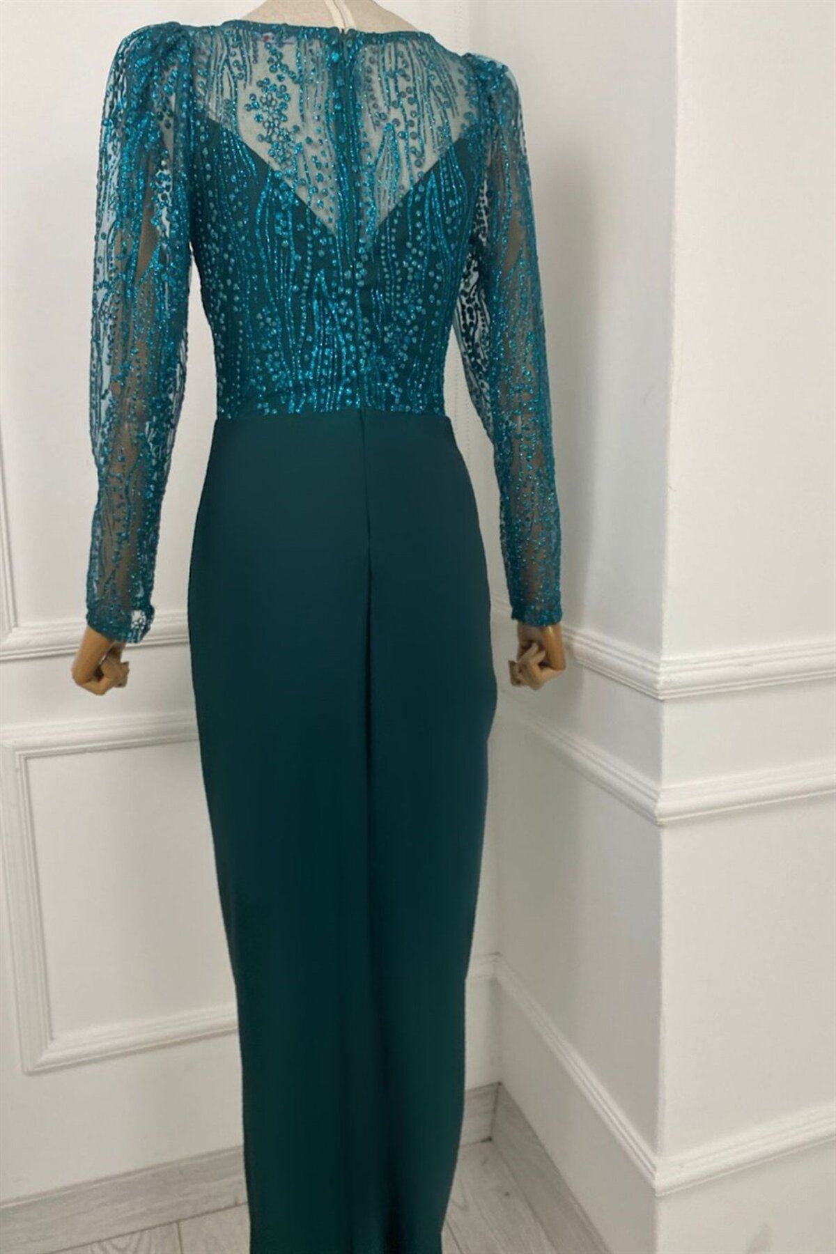 gesmoda-G0392 Rochie cu mânecă lungă cu design Lurex Emerald 4