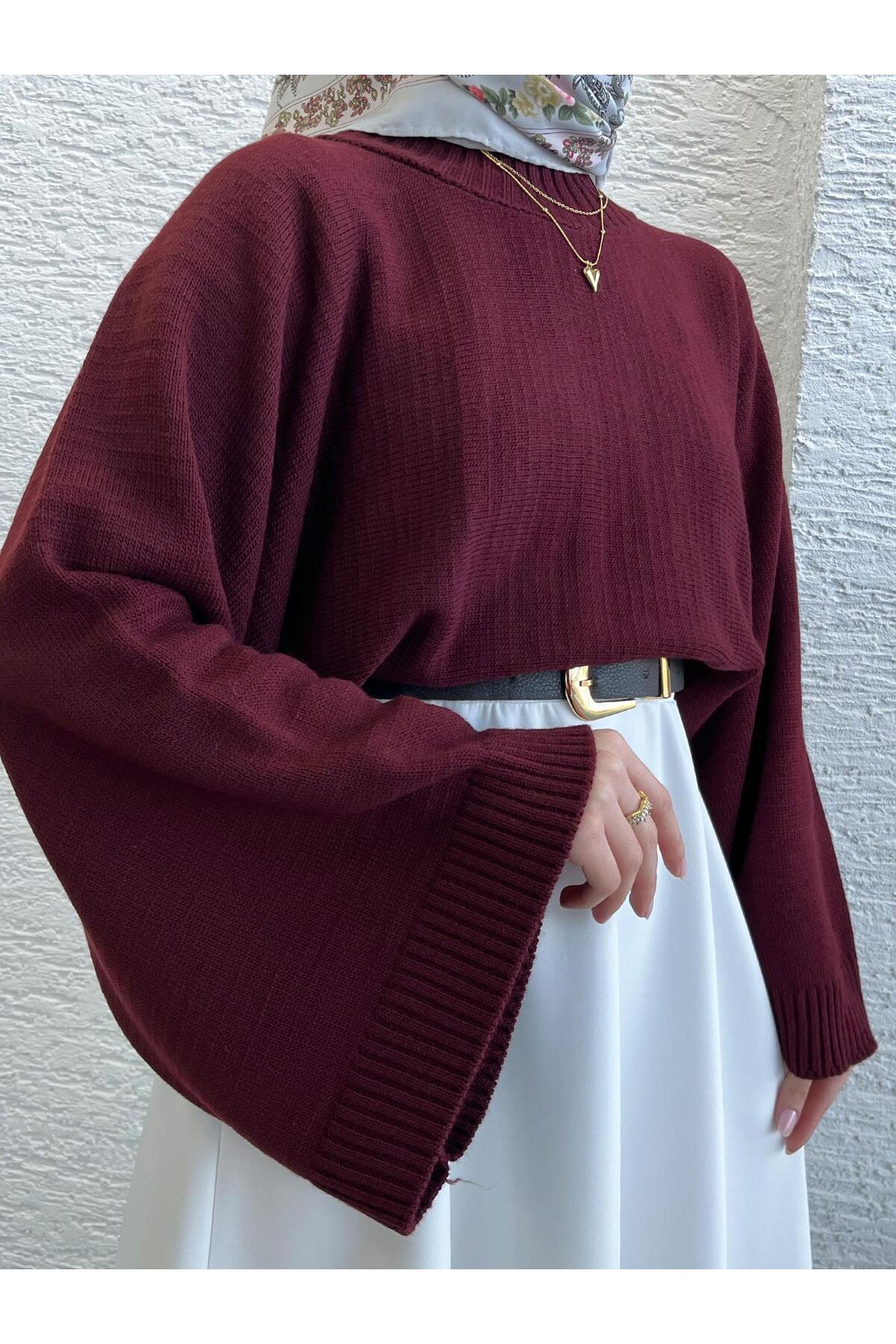 MELEK ARAZ  Kadın Bordo Yarasa Kol Kazak - Görsel 4