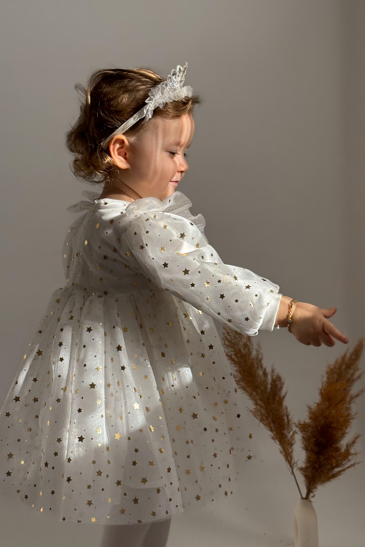ALYRA Kız Bebek Çocuk Yıldızlı Tüllü Uzun Kollu Penye Astarlı Doğum Günü Özel Gün Parti Bayramlık Elbise fotoğrafı 3 (önizleme)