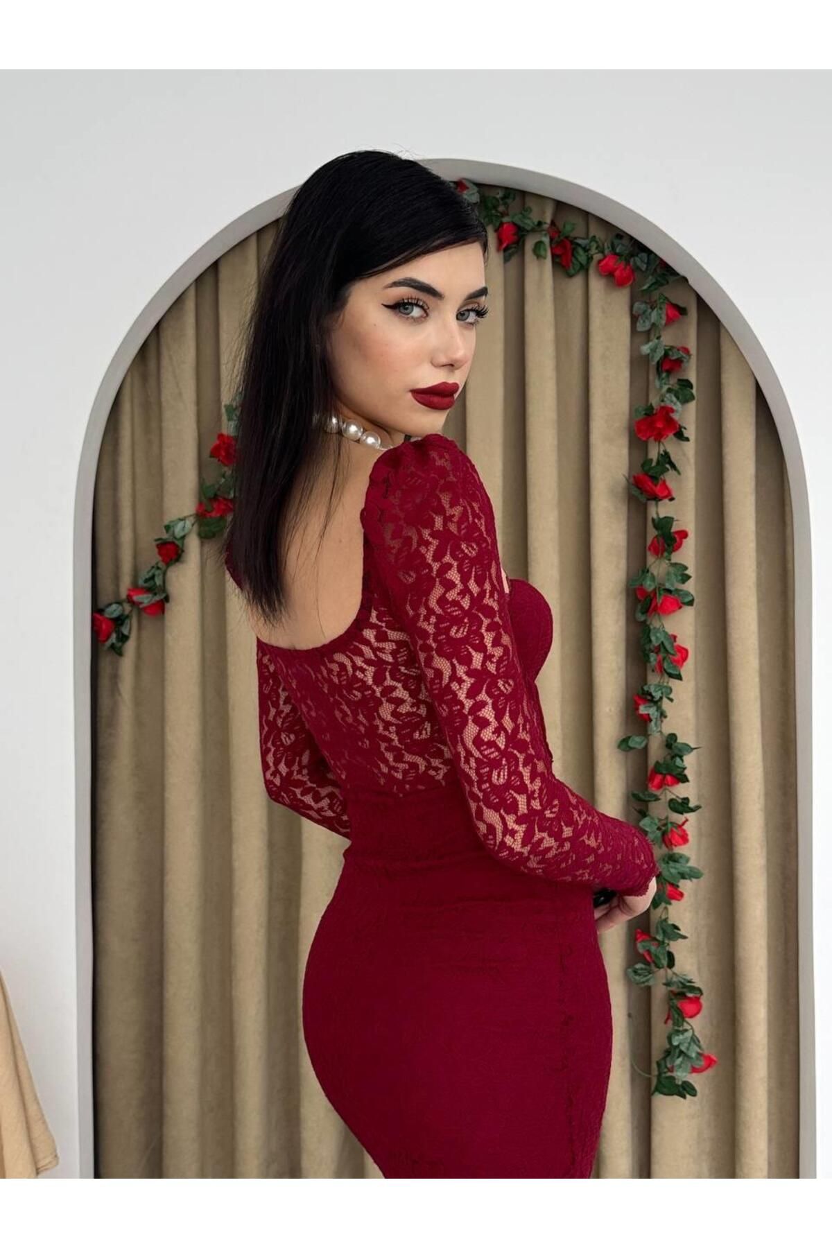 İris Midi Gloplu Yırtmaçlı Dantel Elbise - 8