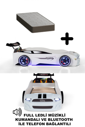 Ferramini Beyaz Arabalı Yatak MST Full Ledli Kumandalı + Ortopedik Yatak