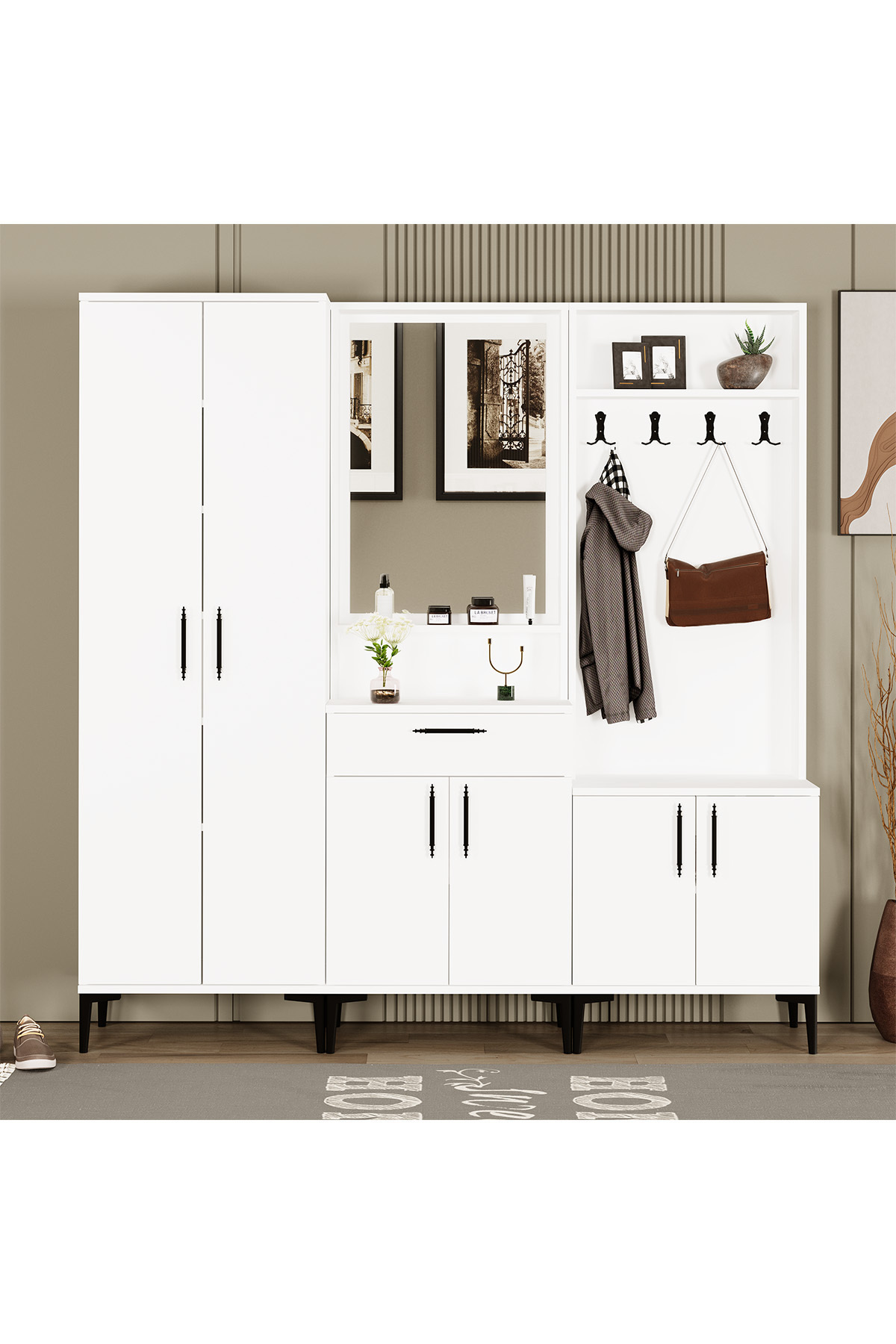 SEZEN-1-2-3 Coat Rack with Mirror Drawer Cloakroom