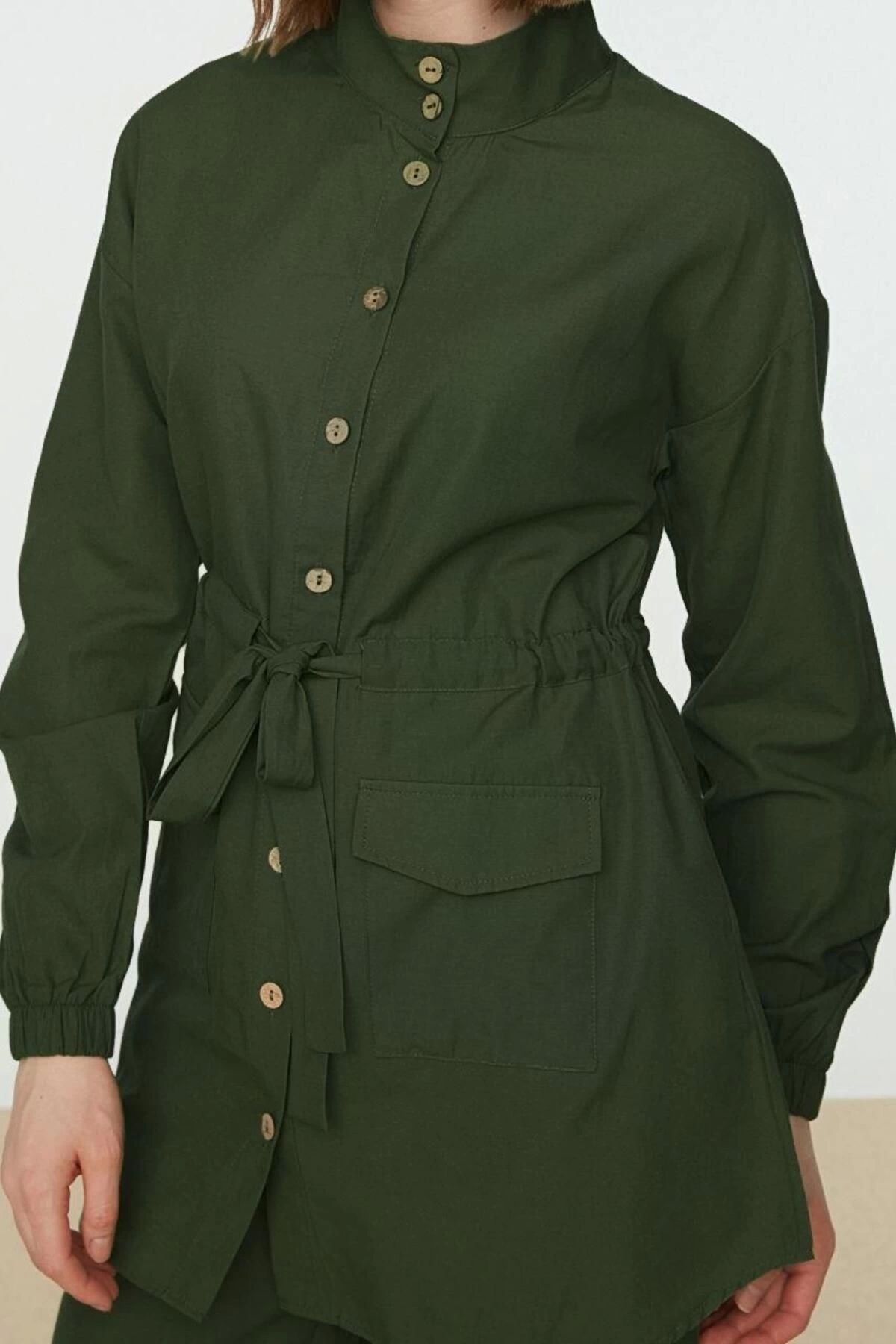FRM-Women's Fashion Stylish Pipe Leg Regular Length Long Sleeve Stand Collar Belted Shirt-Pants Woven Suit 3