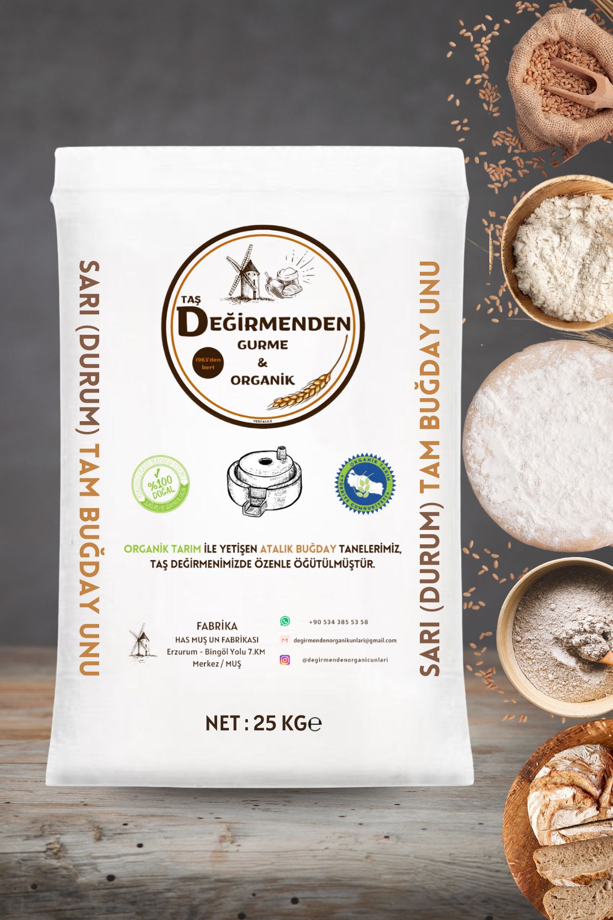 Değirmenden Organik Atalık Sarı Durum Tam Buğday Unu - 25 Kilo