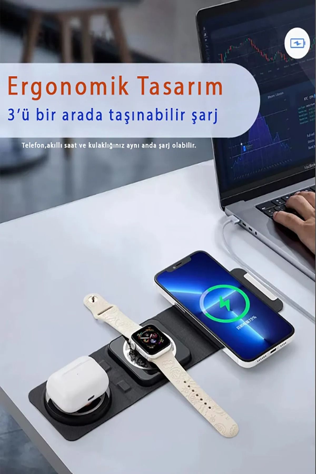 SHOPAPERAL Katlanabilir Üçü Bir Arada Magsafe Kablosuz Wifi Taşınabilir Şarj Aleti