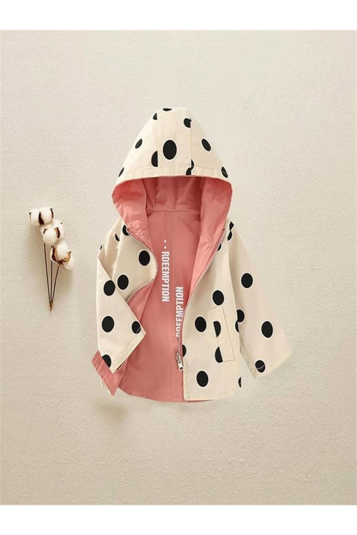 NİSAY BOUTİQUE-Girls' Polka Dot Color Detailed Double-Sided Wearable Hood Seasonal Trench Coat Raincoat 1