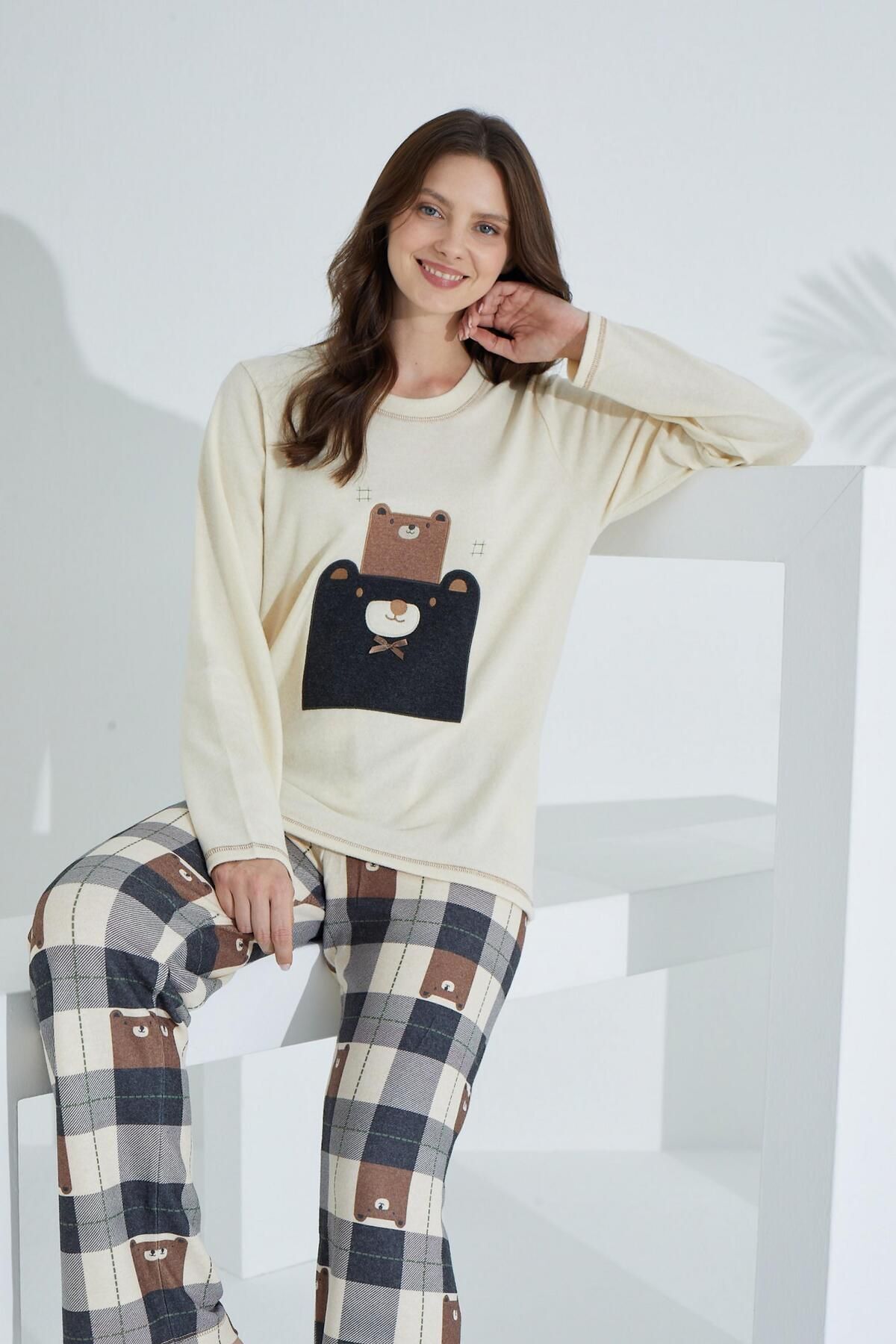Etoile-Set pijamale dama - bumbac, maneca lunga, CREMA 2