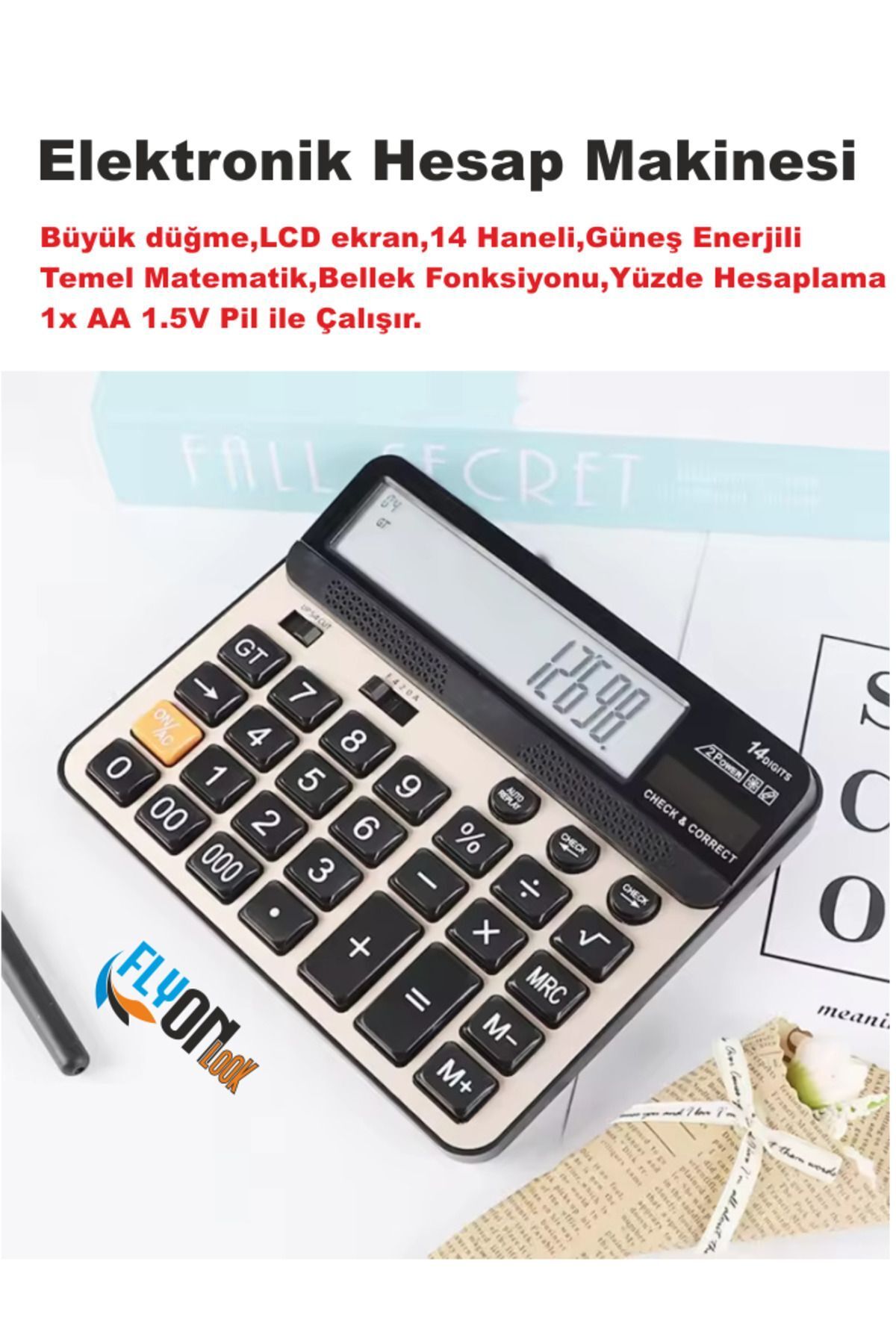 FLYONLOOK Büyük Düğme Elektronik Hesap Makinesi 14 Haneli  Temel Matematik  Bellek  Güneş Enerji  Yüzde Hesap