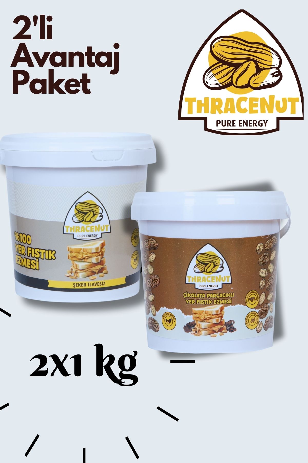 Thracenut 2 Kg Yer Fıstık Ezmesi ( 1 Kg Çikolata Parçacıklı- 1 Kg % 100 Yer Fıstık Ezmesi)