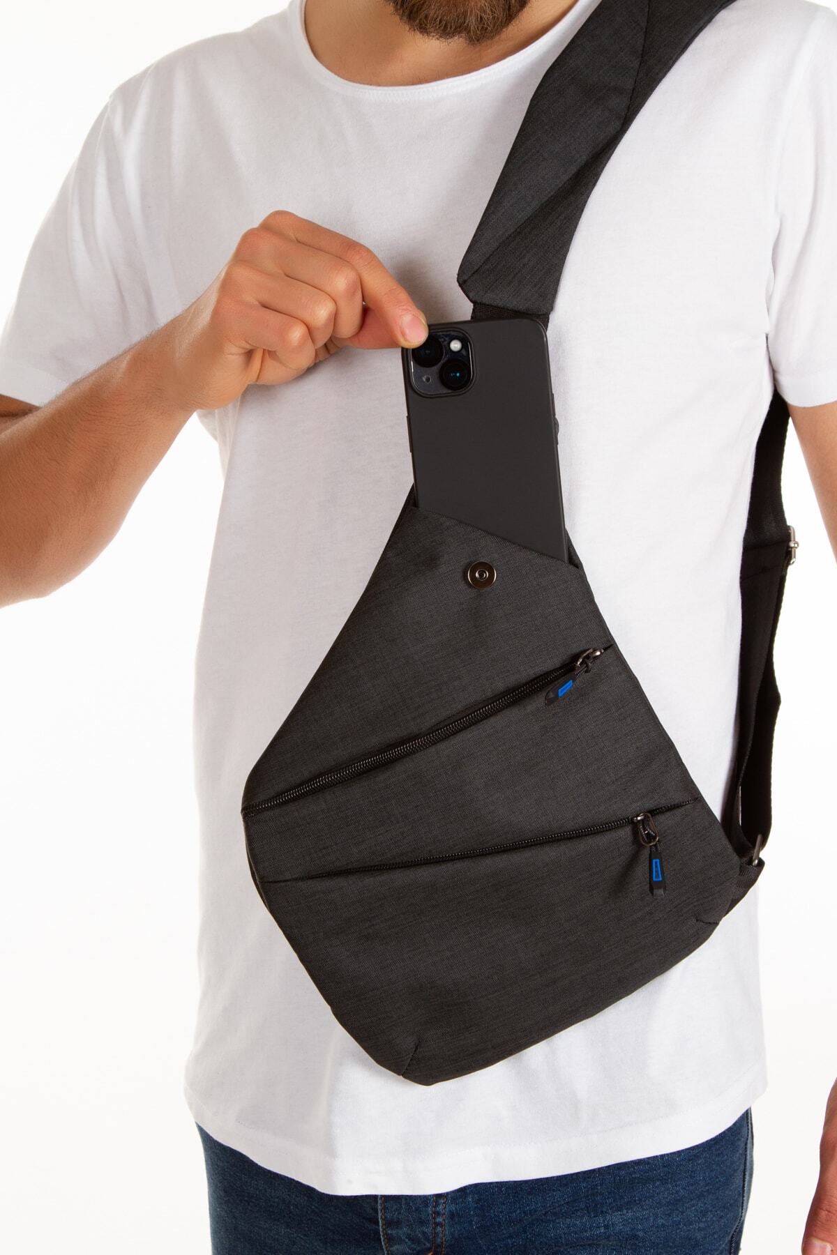 NEWISH POLO ACCESSORIES Unisex Siyah Keten Çapraz Askılı Heybe Çanta Telefon Bölmeli Günlük Seyahat Çanta Bodybag Slim Çanta görsel 4