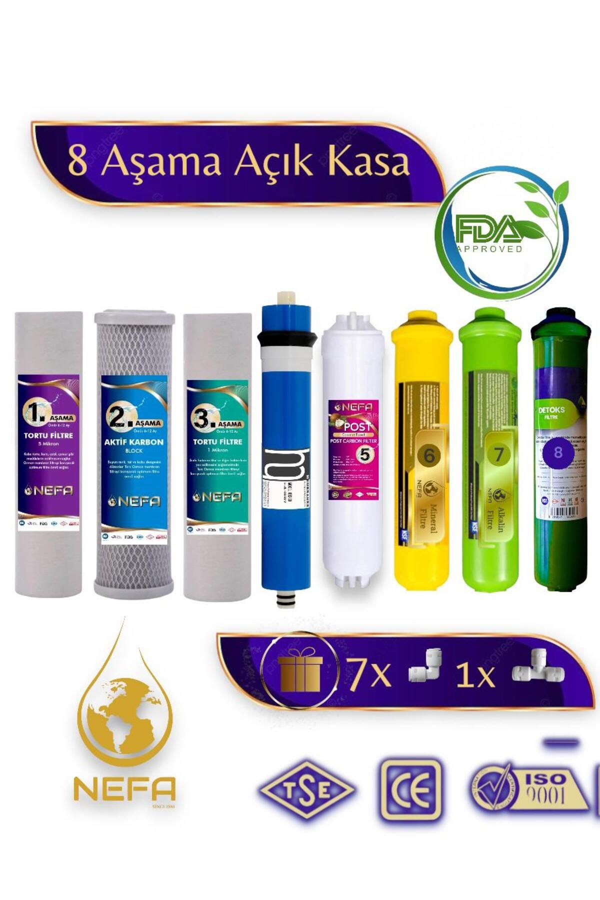 Nefa Tüm Açık Kasalar İçin Uyumlu 8 Aşamalı Filtre Seti, Detox, Mineral,Alkalin Destekli, 80 Gpd Membran